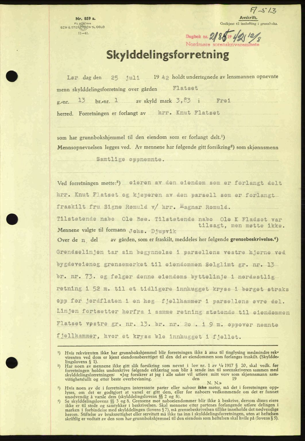 Nordmøre sorenskriveri, AV/SAT-A-4132/1/2/2Ca: Mortgage book no. A93, 1942-1942, Diary no: : 2185/1942