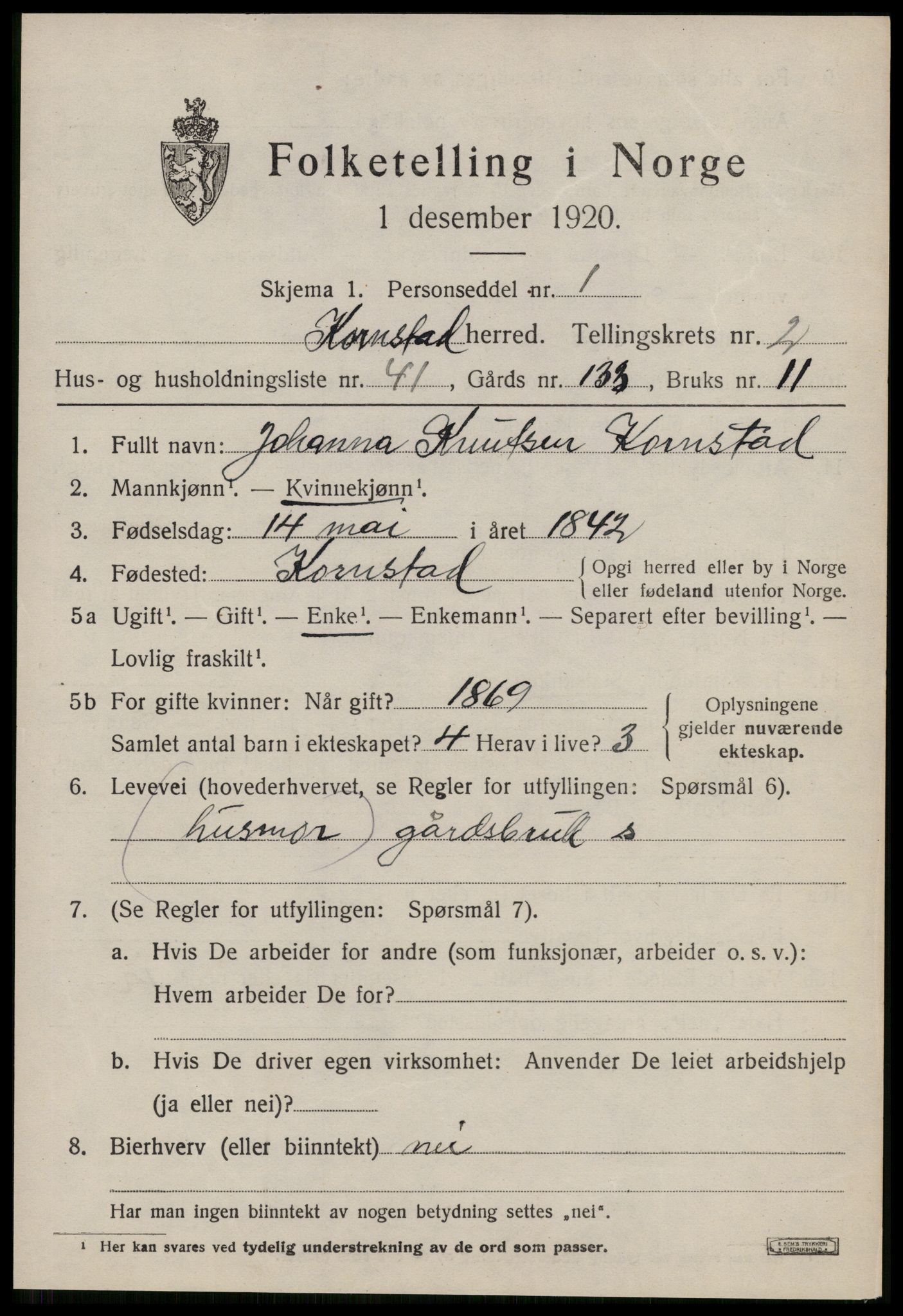 SAT, 1920 census for Kornstad, 1920, p. 1901