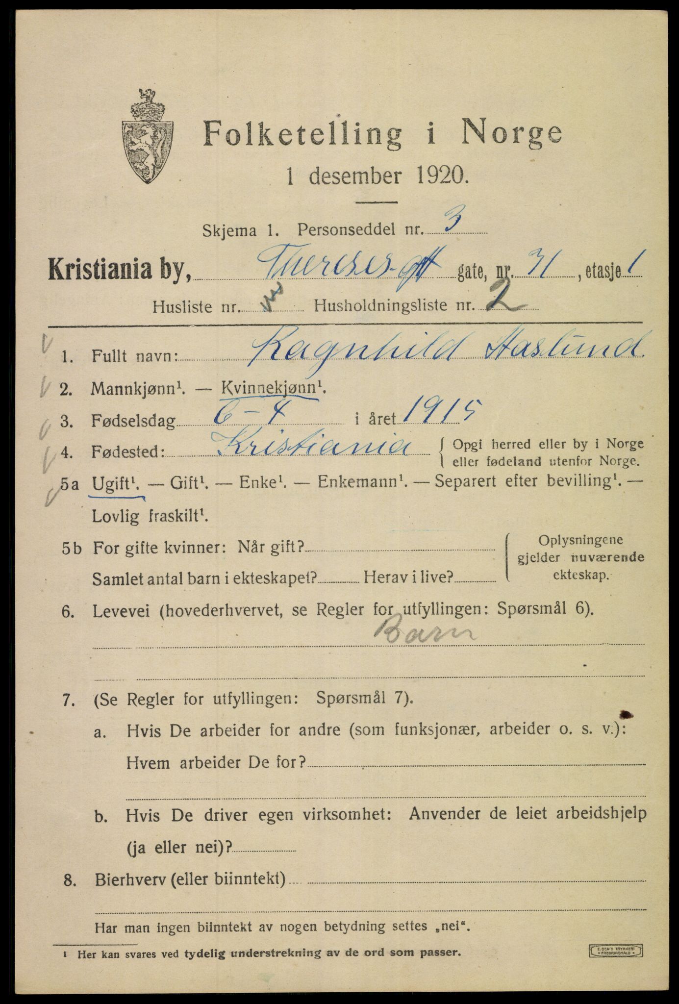 SAO, 1920 census for Kristiania, 1920, p. 569165