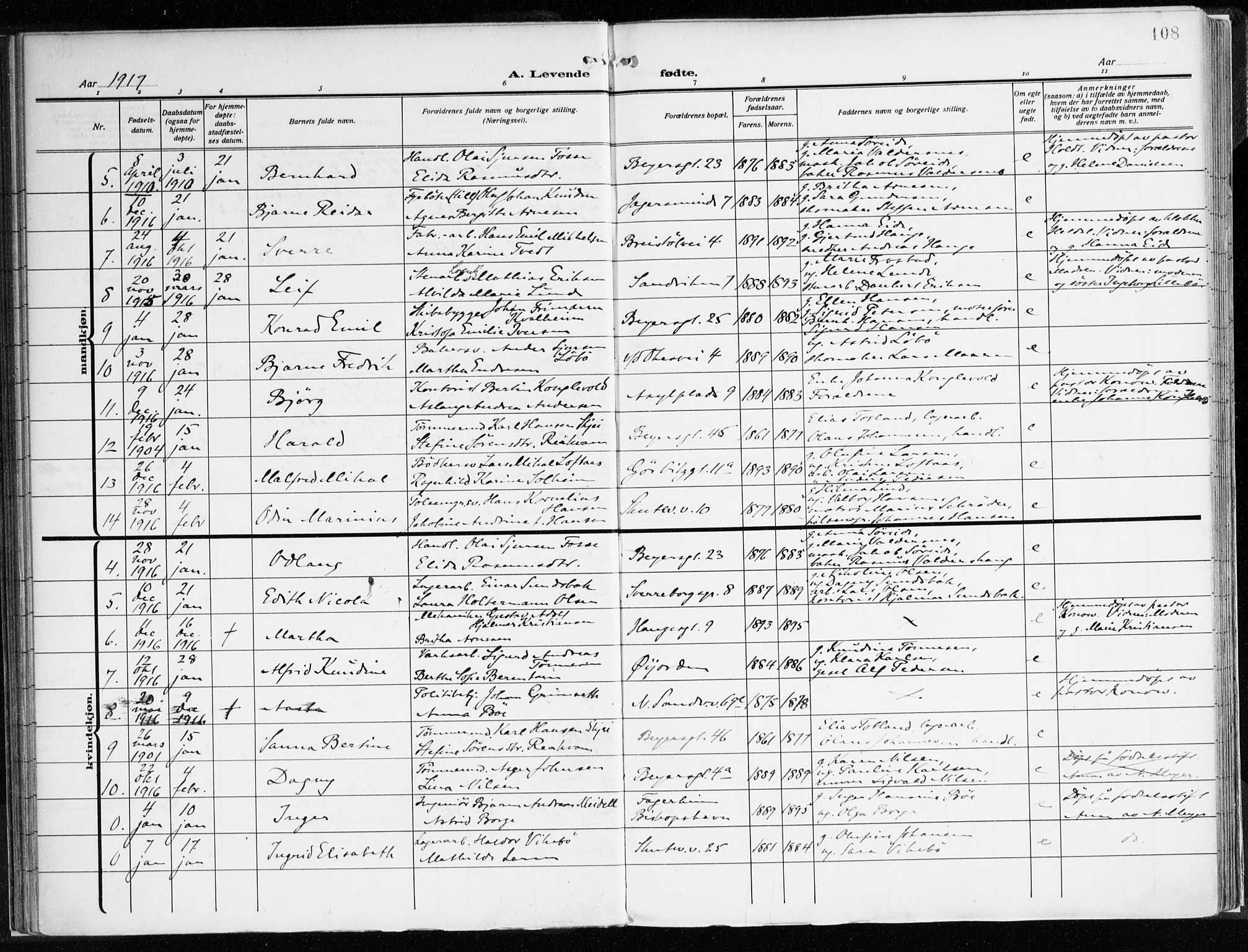 Sandviken Sokneprestembete, AV/SAB-A-77601/H/Ha/L0007: Parish register (official) no. B 4, 1912-1924, p. 108