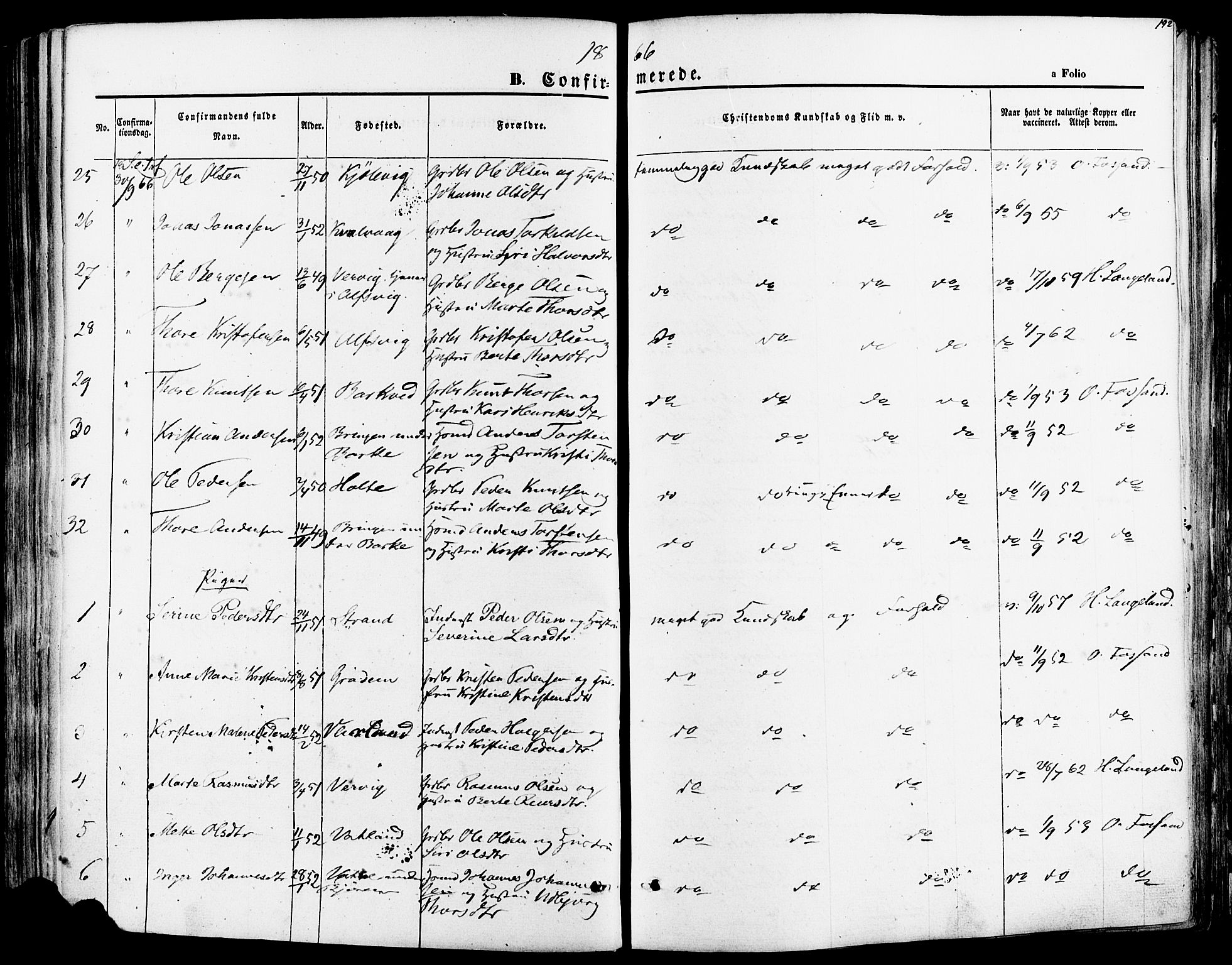 Strand sokneprestkontor, AV/SAST-A-101828/H/Ha/Haa/L0007: Parish register (official) no. A 7, 1855-1881, p. 192