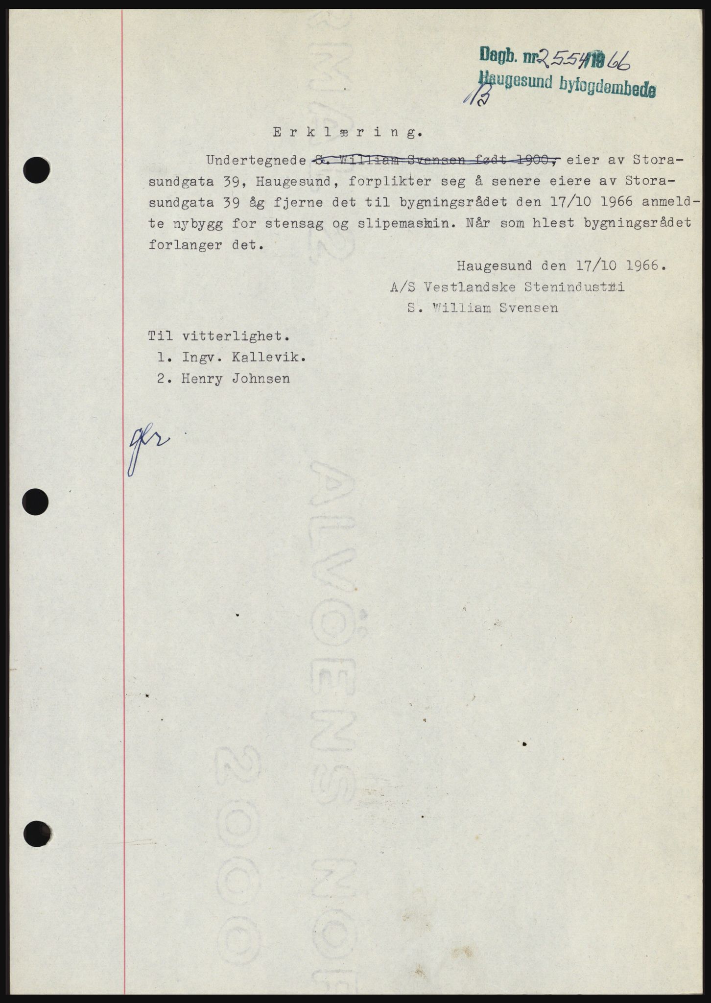 Haugesund tingrett, SAST/A-101415/01/II/IIC/L0056: Mortgage book no. B 56, 1966-1967, Diary no: : 2554/1966
