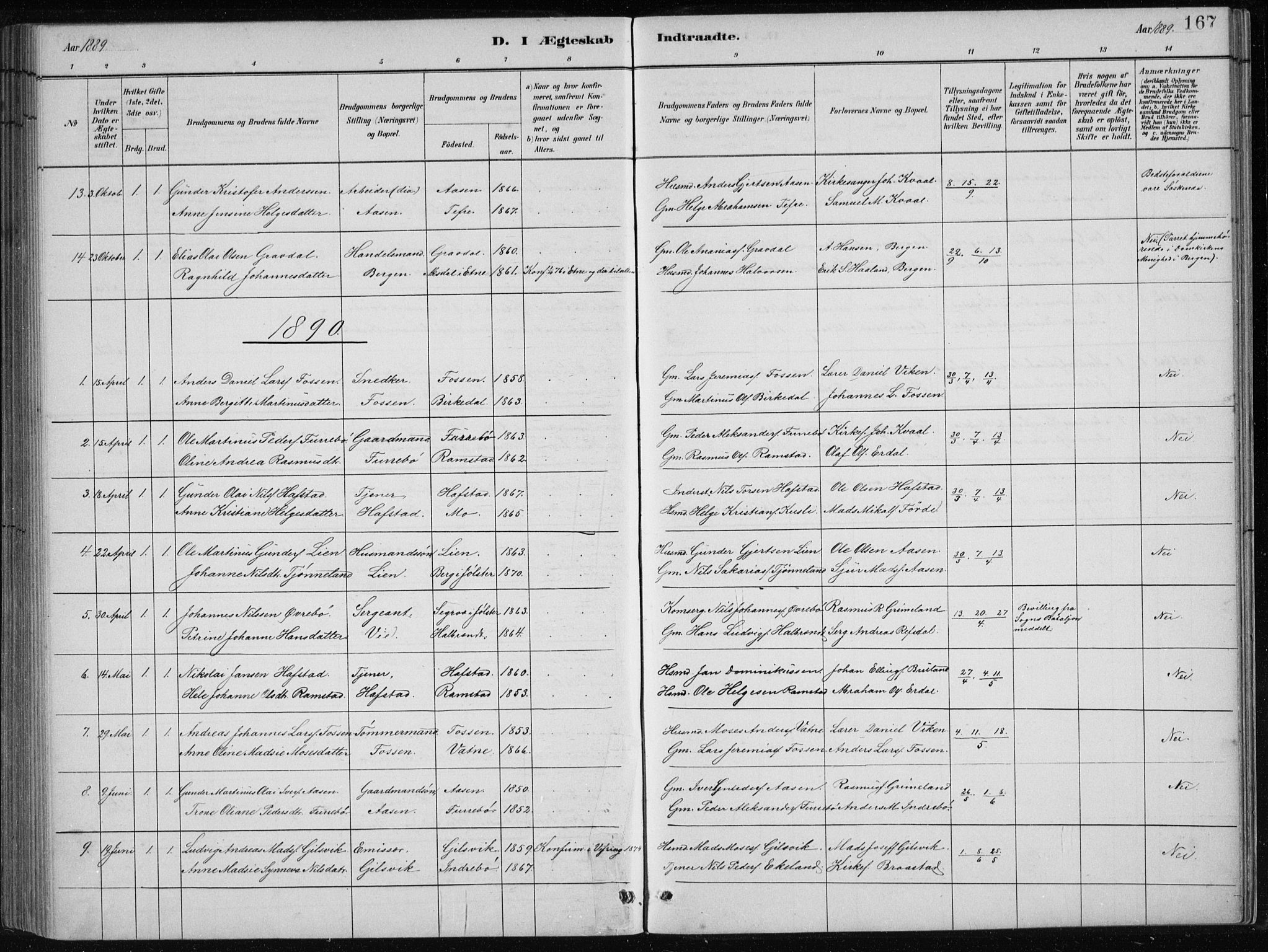 Førde sokneprestembete, SAB/A-79901/H/Hab/Haba/L0002: Parish register (copy) no. A 2, 1881-1898, p. 167