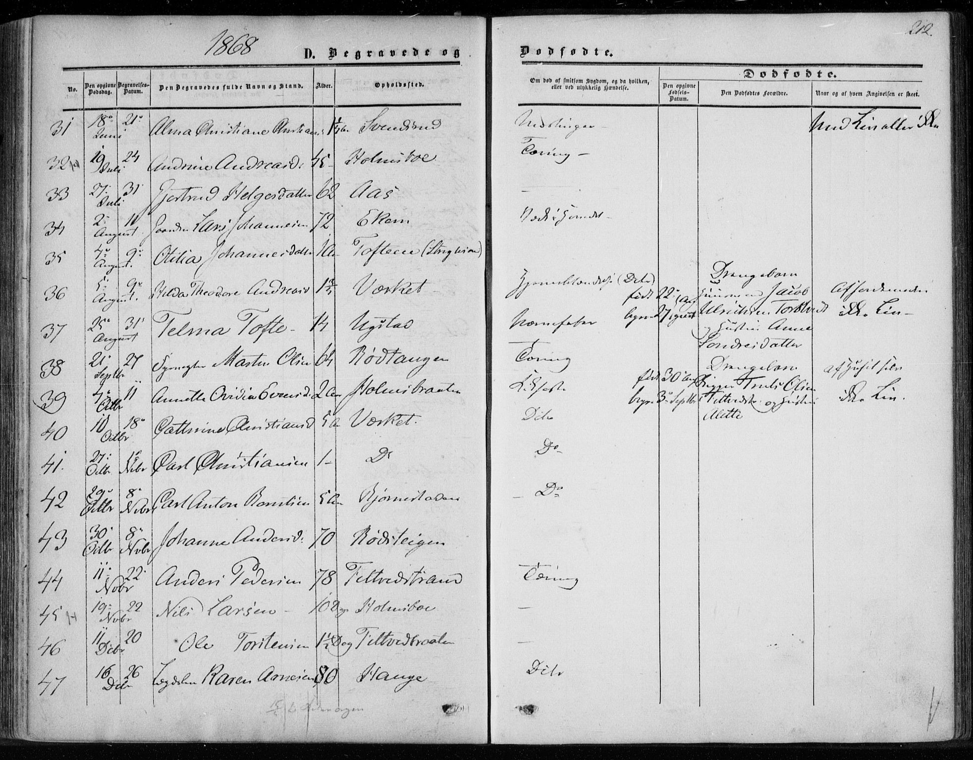 Hurum kirkebøker, AV/SAKO-A-229/F/Fa/L0012: Parish register (official) no. 12, 1861-1875, p. 212