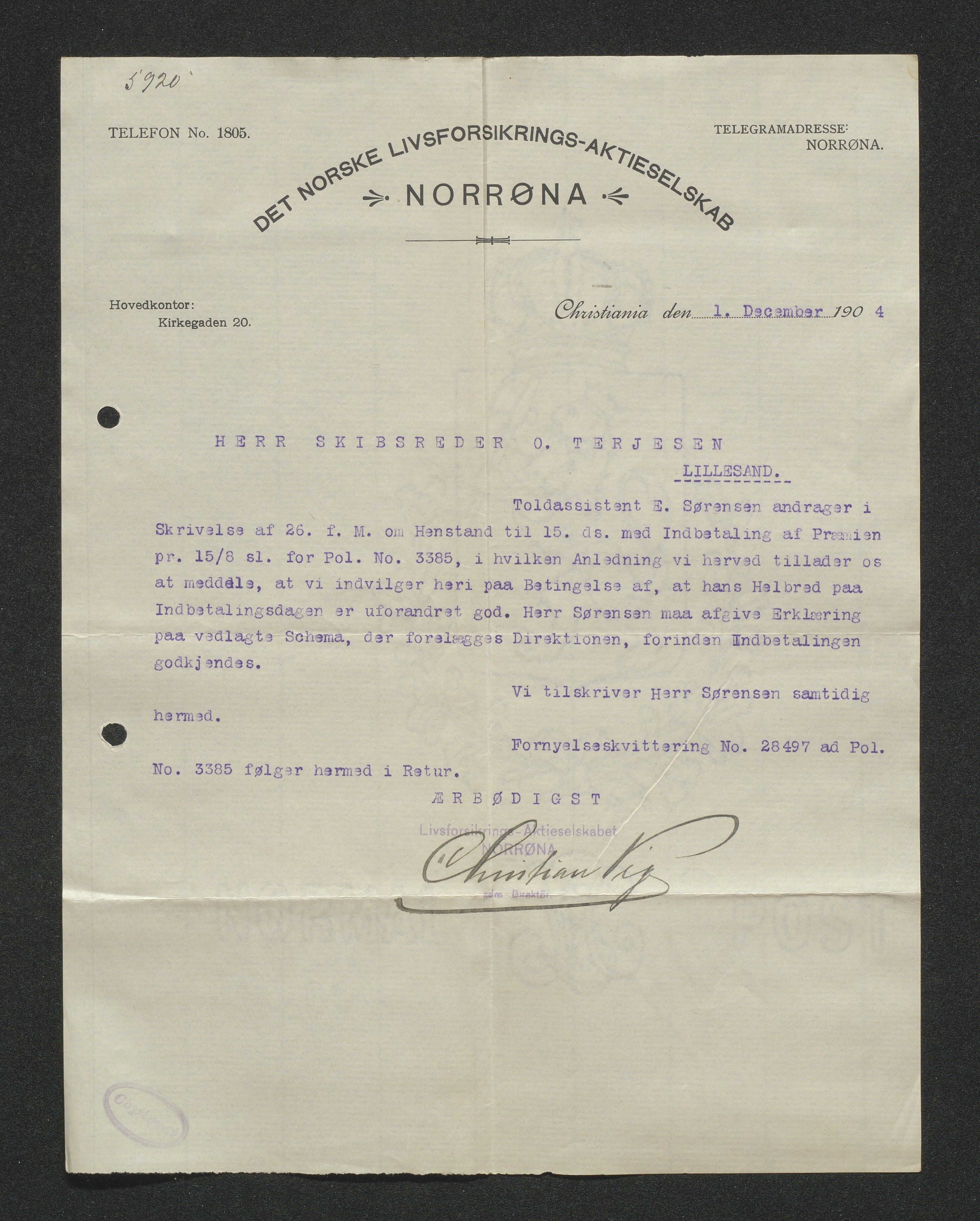 O. Terjesens rederi, AAKS/PA-2525/E/E01/L0013: Korrespondanse, 1904-1905