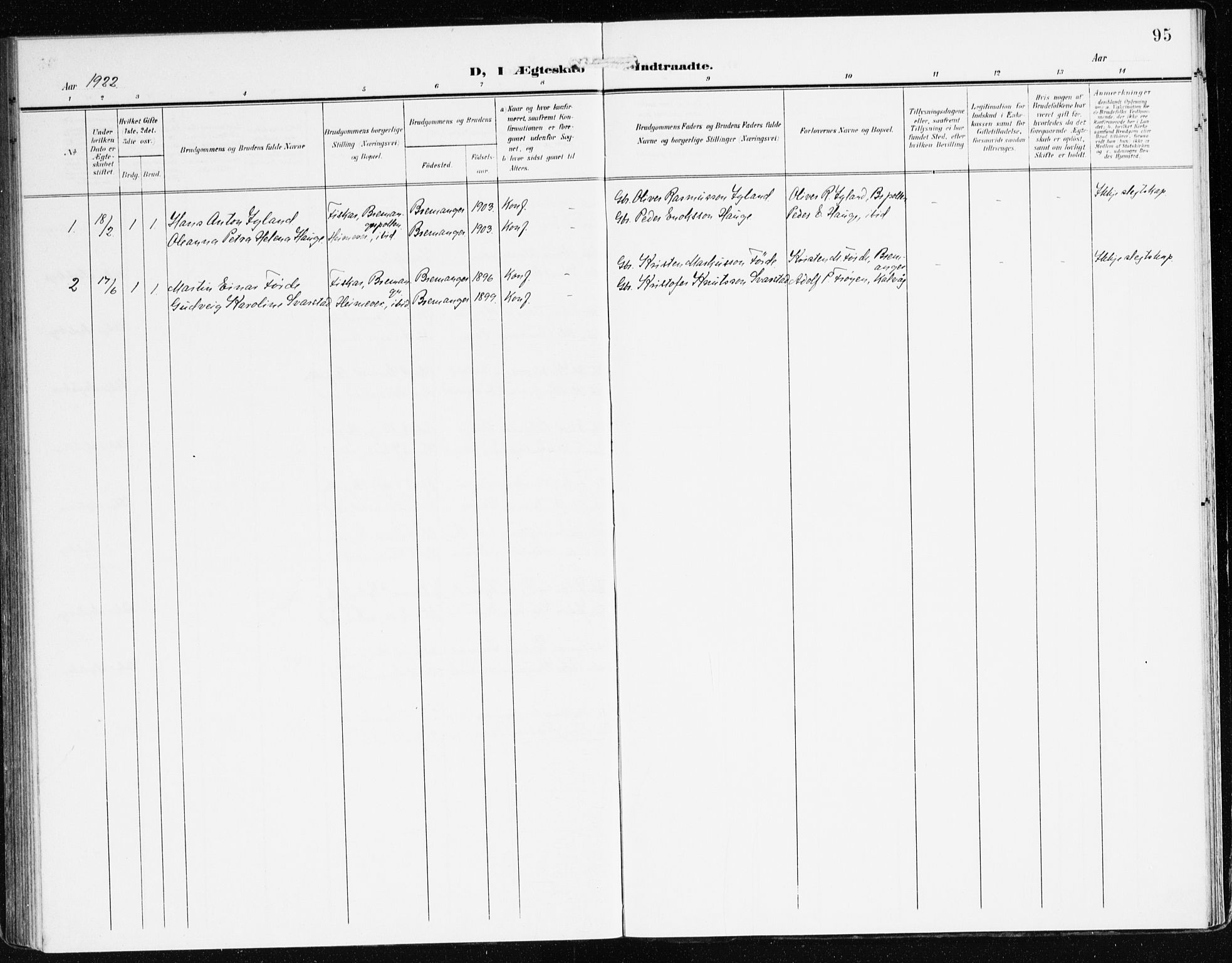 Bremanger sokneprestembete, SAB/A-82201/H/Haa/Haac/L0001: Parish register (official) no. C 1, 1908-1921, p. 95