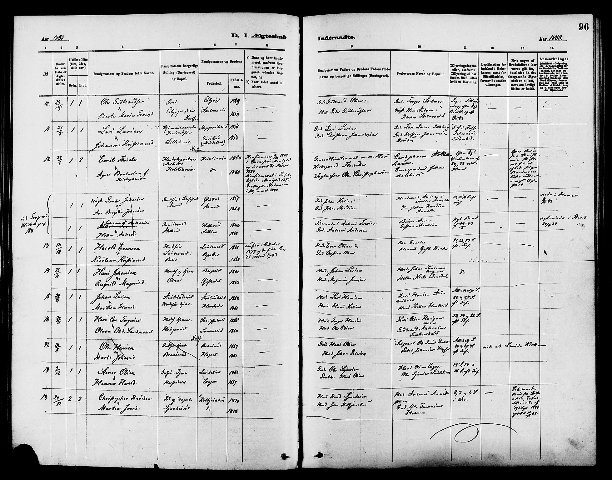 Nordre Land prestekontor, SAH/PREST-124/H/Ha/Haa/L0003: Parish register (official) no. 3, 1882-1896, p. 96