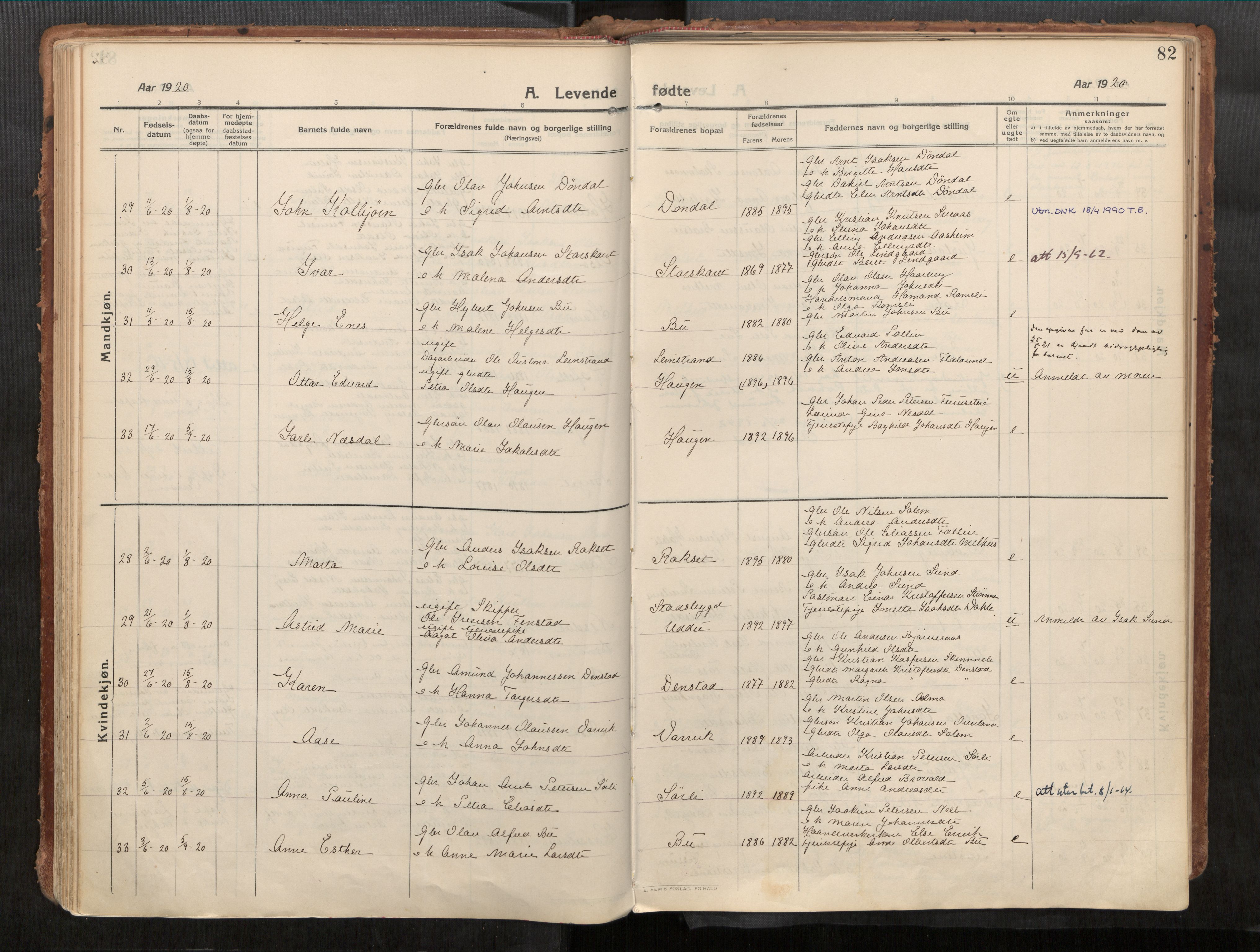 Stadsbygd sokneprestkontor, AV/SAT-A-1117/1/I/I1/I1a/L0001: Parish register (official) no. 1, 1911-1929, p. 82