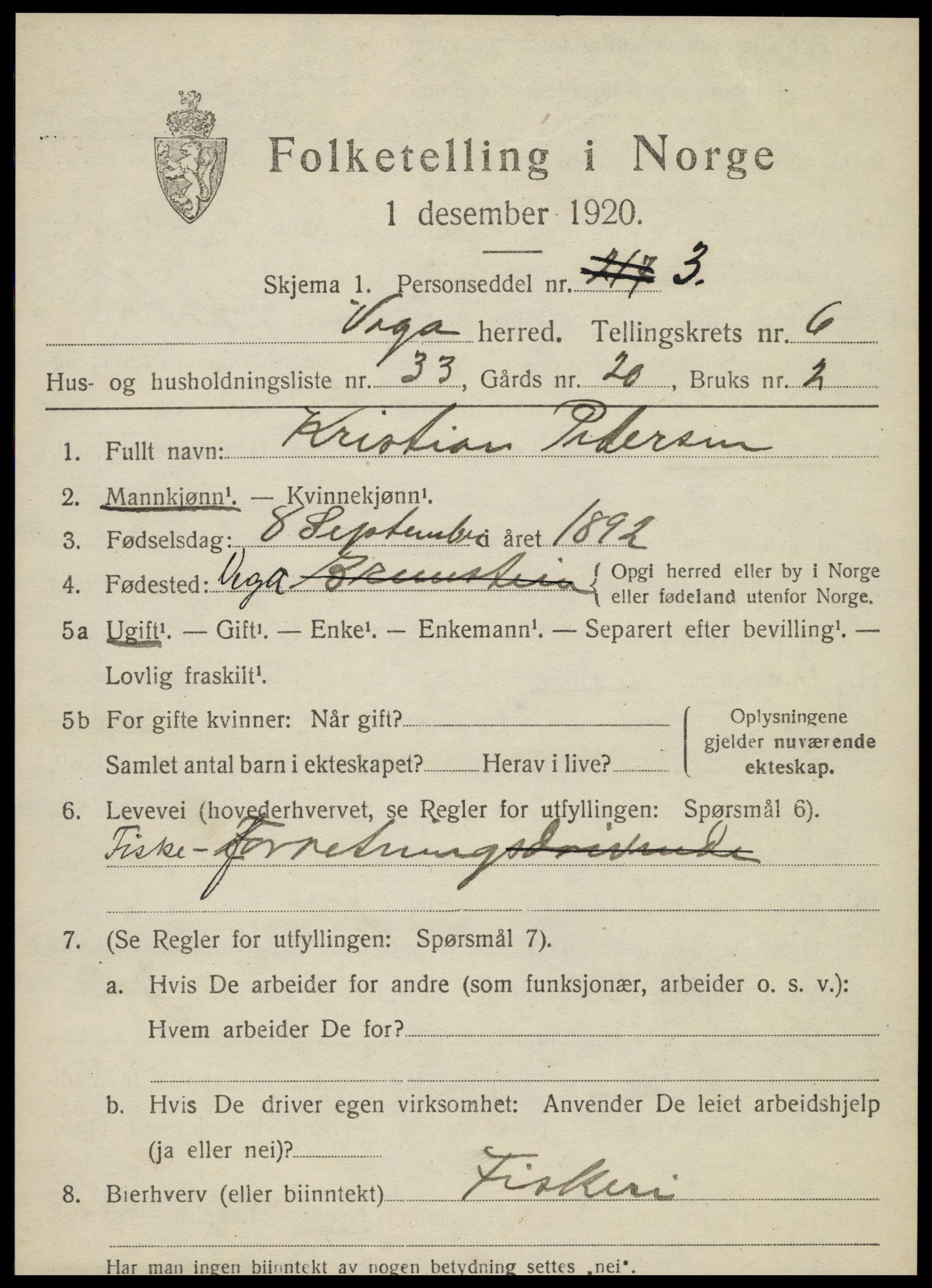 SAT, 1920 census for Vega, 1920, p. 3391
