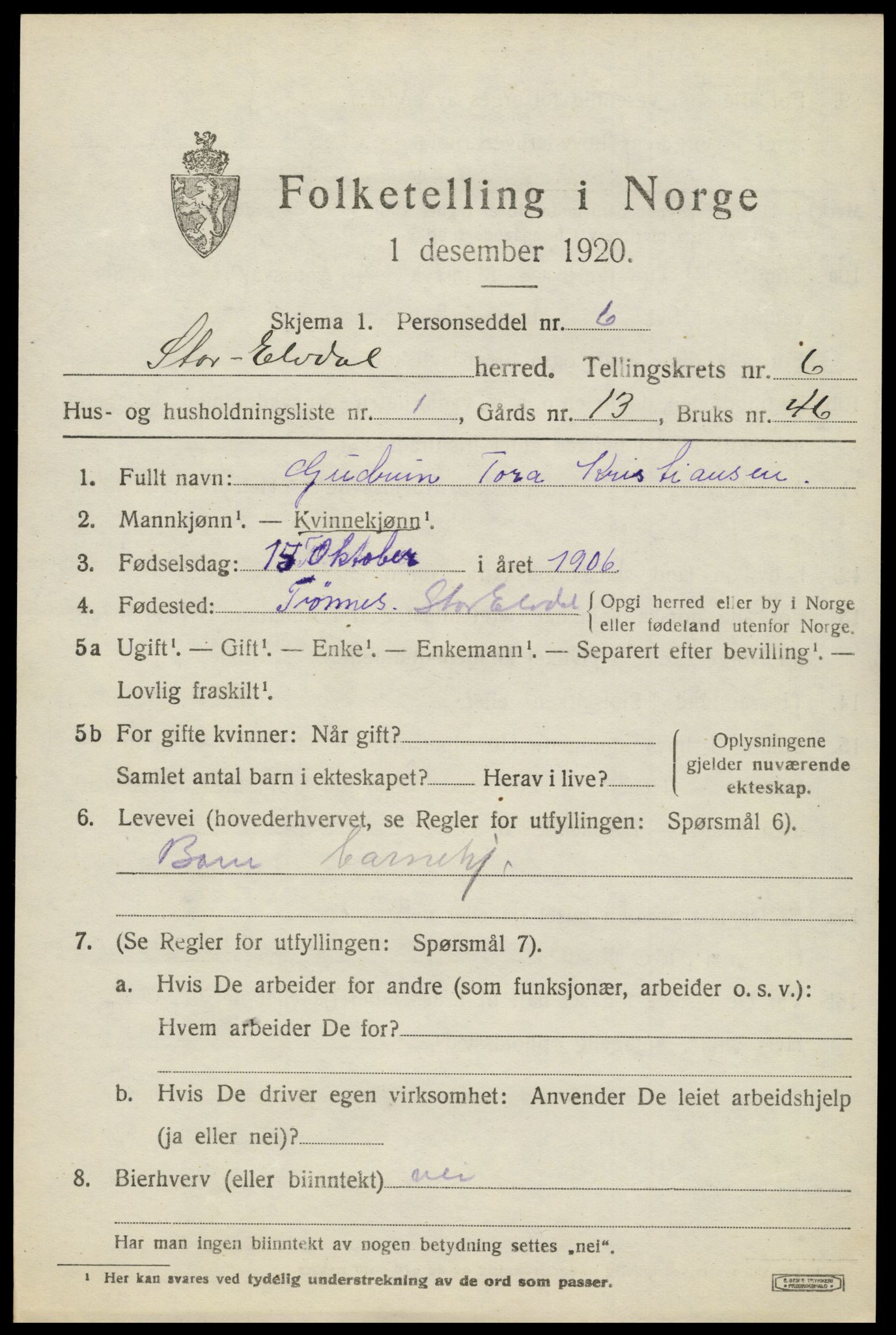 SAH, 1920 census for Stor-Elvdal, 1920, p. 4922