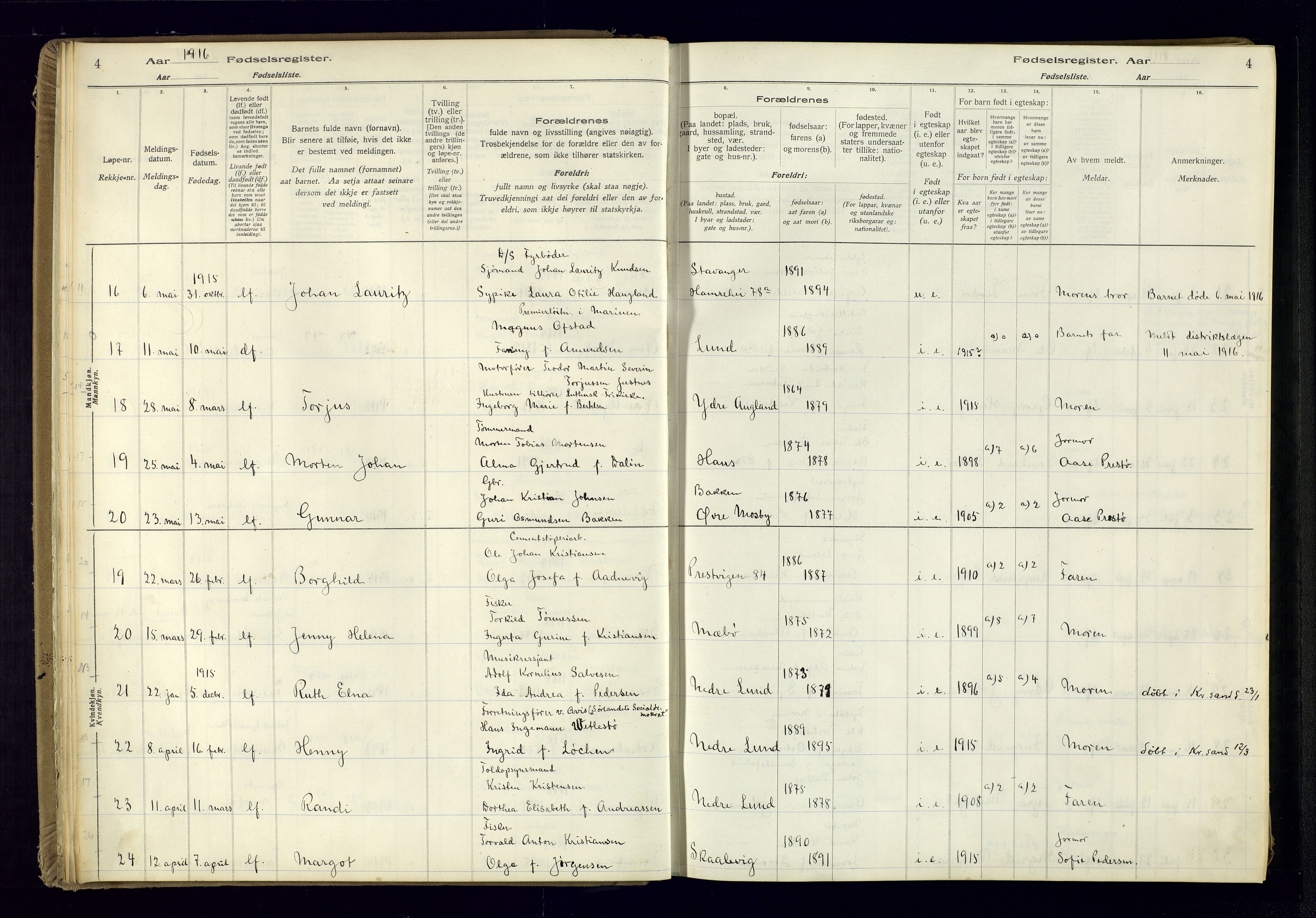 Oddernes sokneprestkontor, AV/SAK-1111-0033/J/Ja/L0001: Birth register no. 1, 1916-1935, p. 4