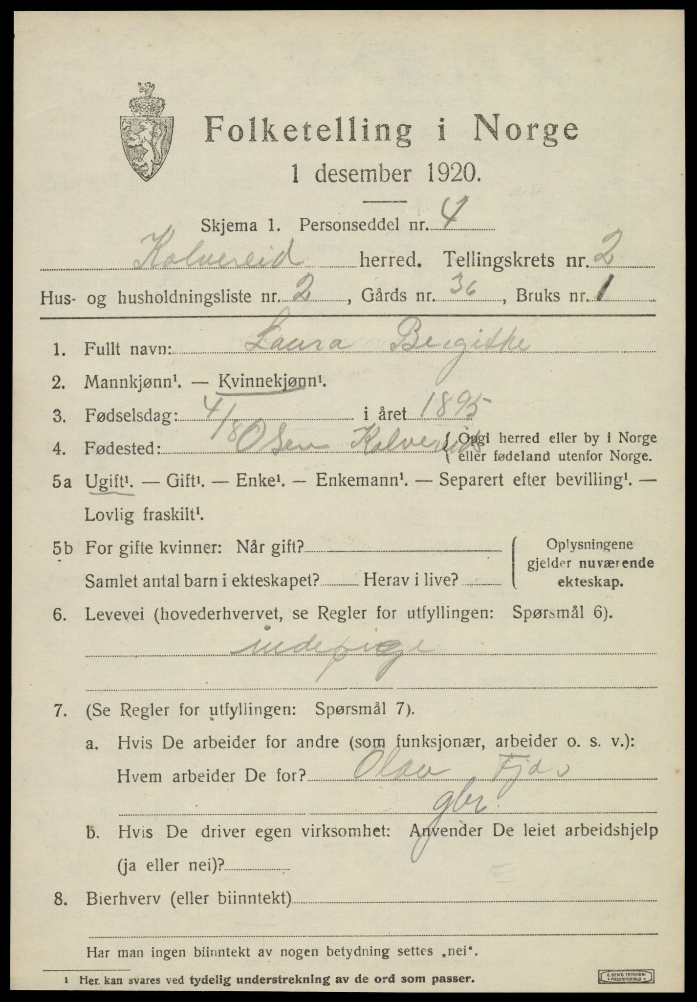 SAT, 1920 census for Kolvereid, 1920, p. 1513