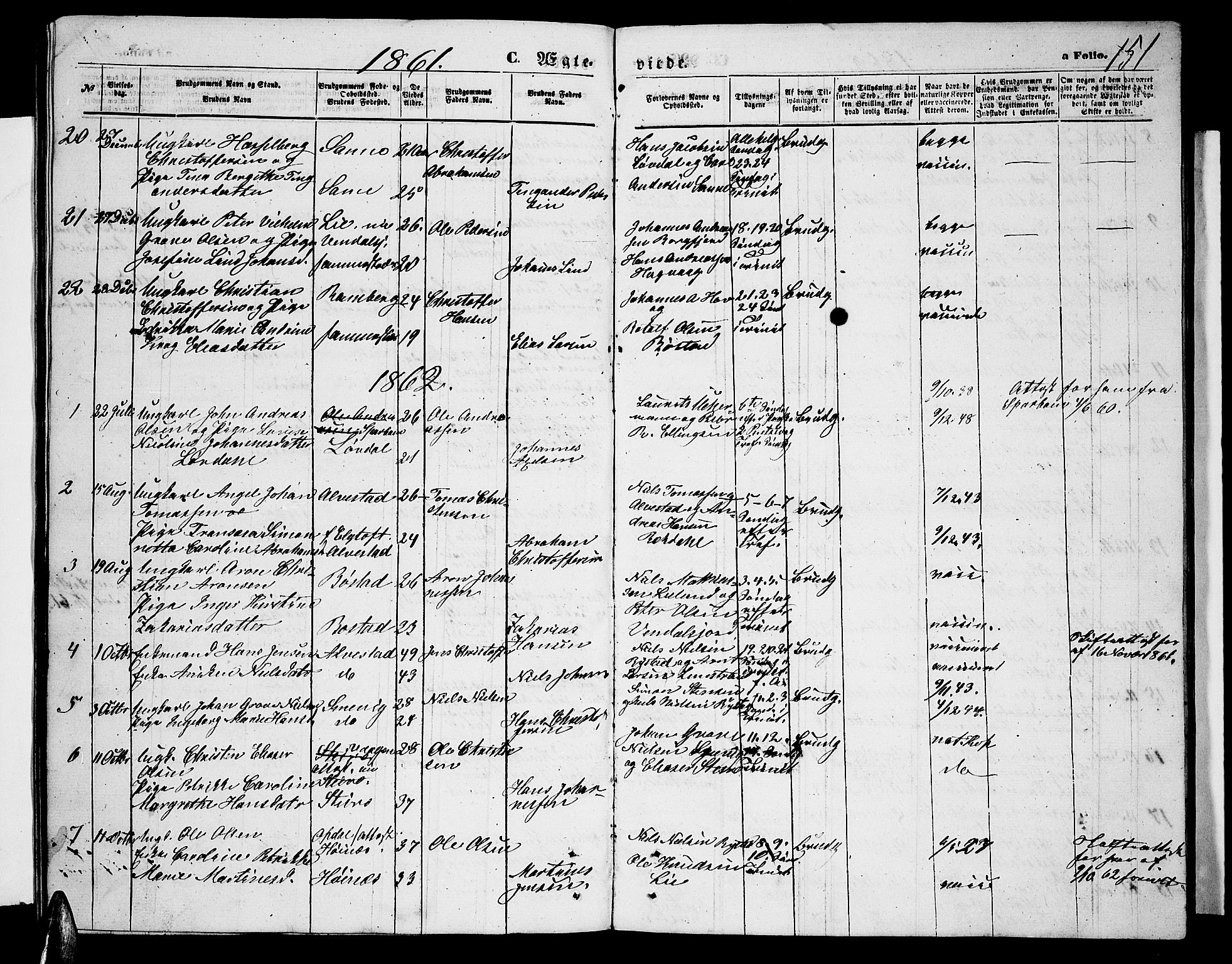 Ministerialprotokoller, klokkerbøker og fødselsregistre - Nordland, AV/SAT-A-1459/880/L1140: Parish register (copy) no. 880C02, 1861-1875, p. 151