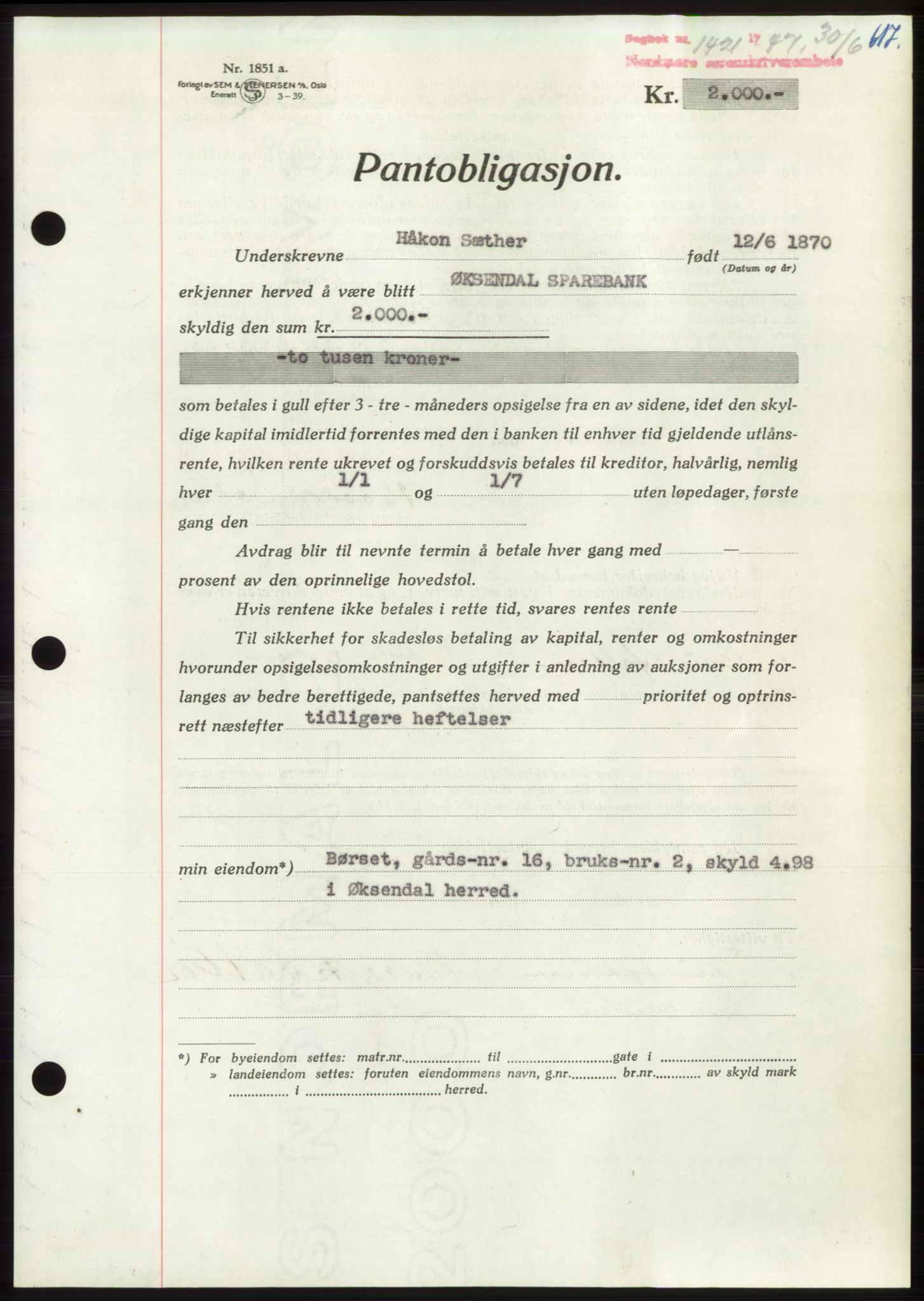 Nordmøre sorenskriveri, AV/SAT-A-4132/1/2/2Ca: Mortgage book no. B96, 1947-1947, Diary no: : 1421/1947