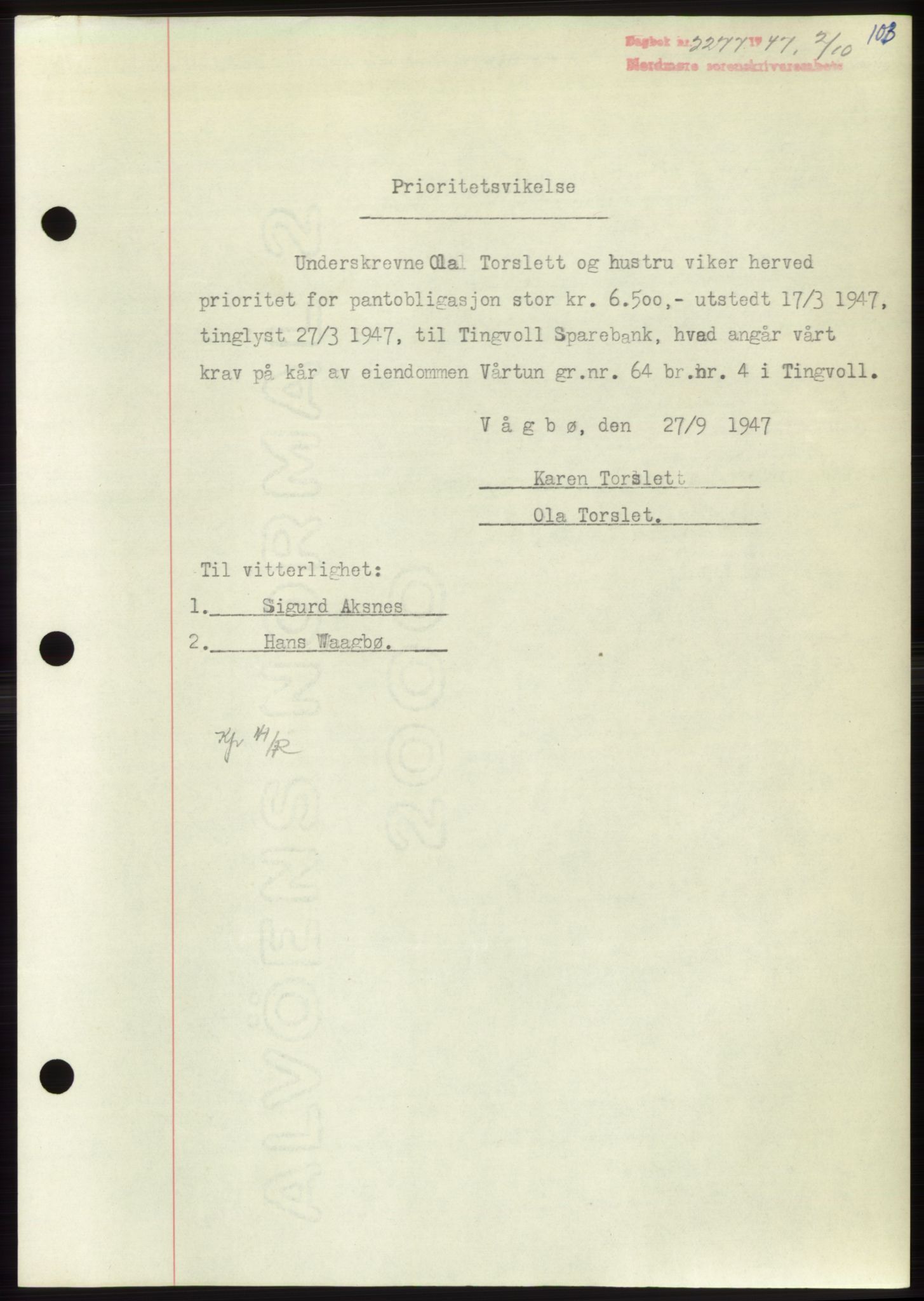 Nordmøre sorenskriveri, AV/SAT-A-4132/1/2/2Ca: Mortgage book no. B97, 1947-1948, Diary no: : 2277/1947