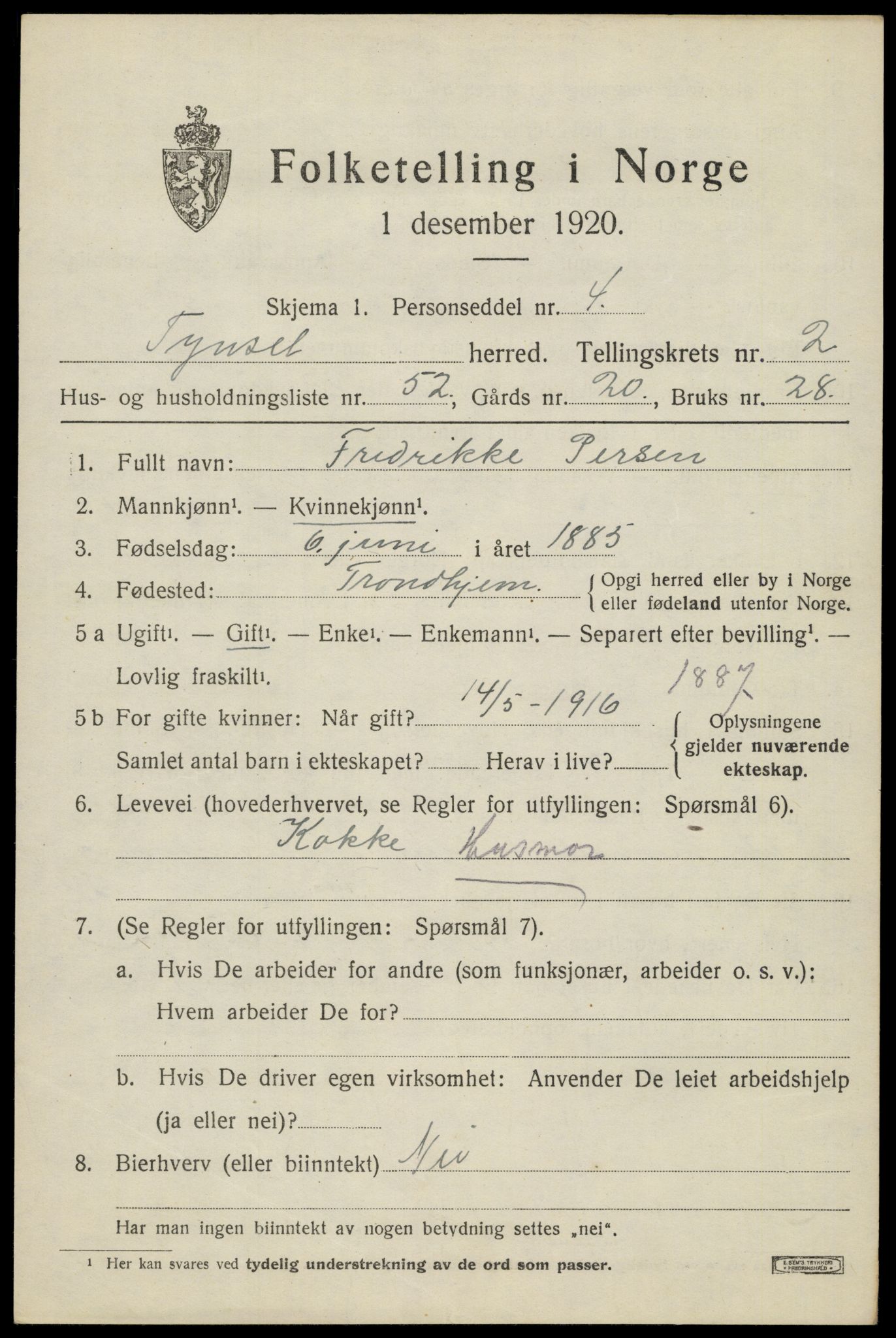 SAH, 1920 census for Tynset, 1920, p. 2898