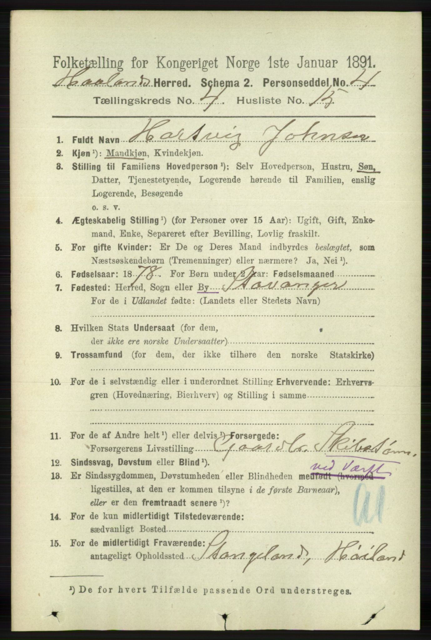 RA, 1891 census for 1124 Haaland, 1891, p. 2504