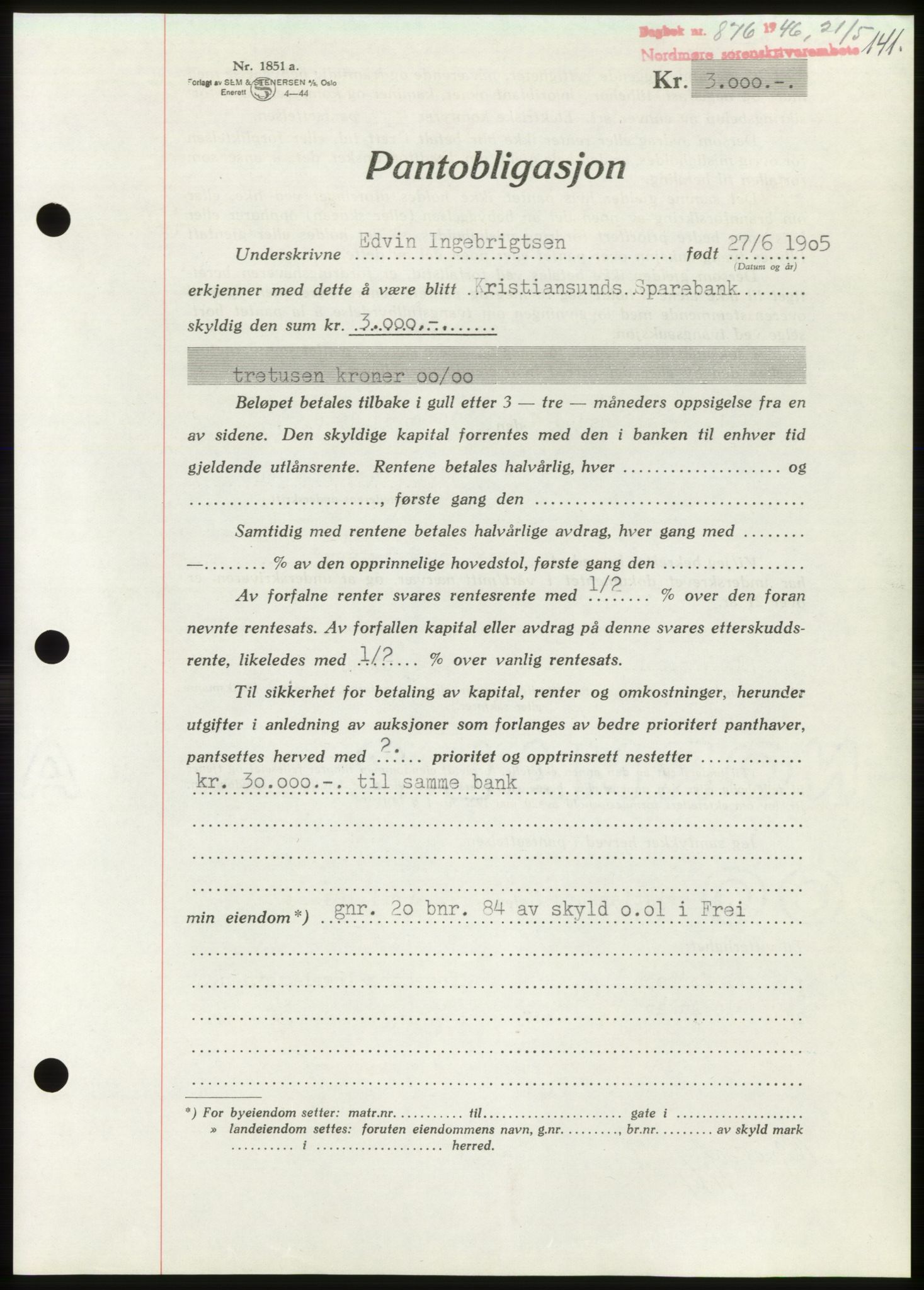Nordmøre sorenskriveri, AV/SAT-A-4132/1/2/2Ca: Mortgage book no. B94, 1946-1946, Diary no: : 876/1946
