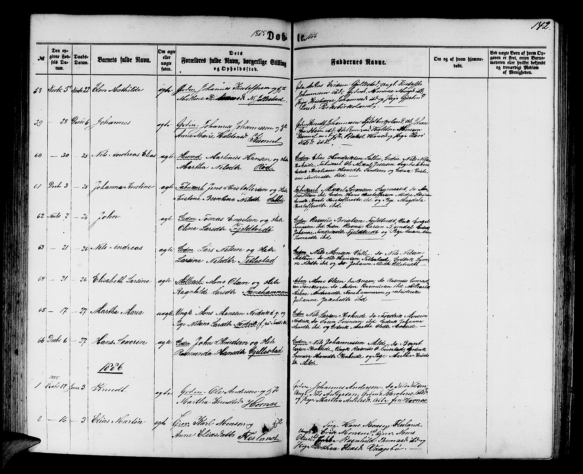 Fana Sokneprestembete, SAB/A-75101/H/Hab/Habb/L0003: Parish register (copy) no. B 3, 1861-1888, p. 142