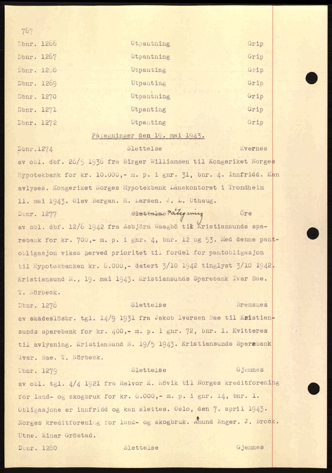 Nordmøre sorenskriveri, AV/SAT-A-4132/1/2/2Ca: Mortgage book no. C81, 1940-1945, Diary no: : 1266/1943