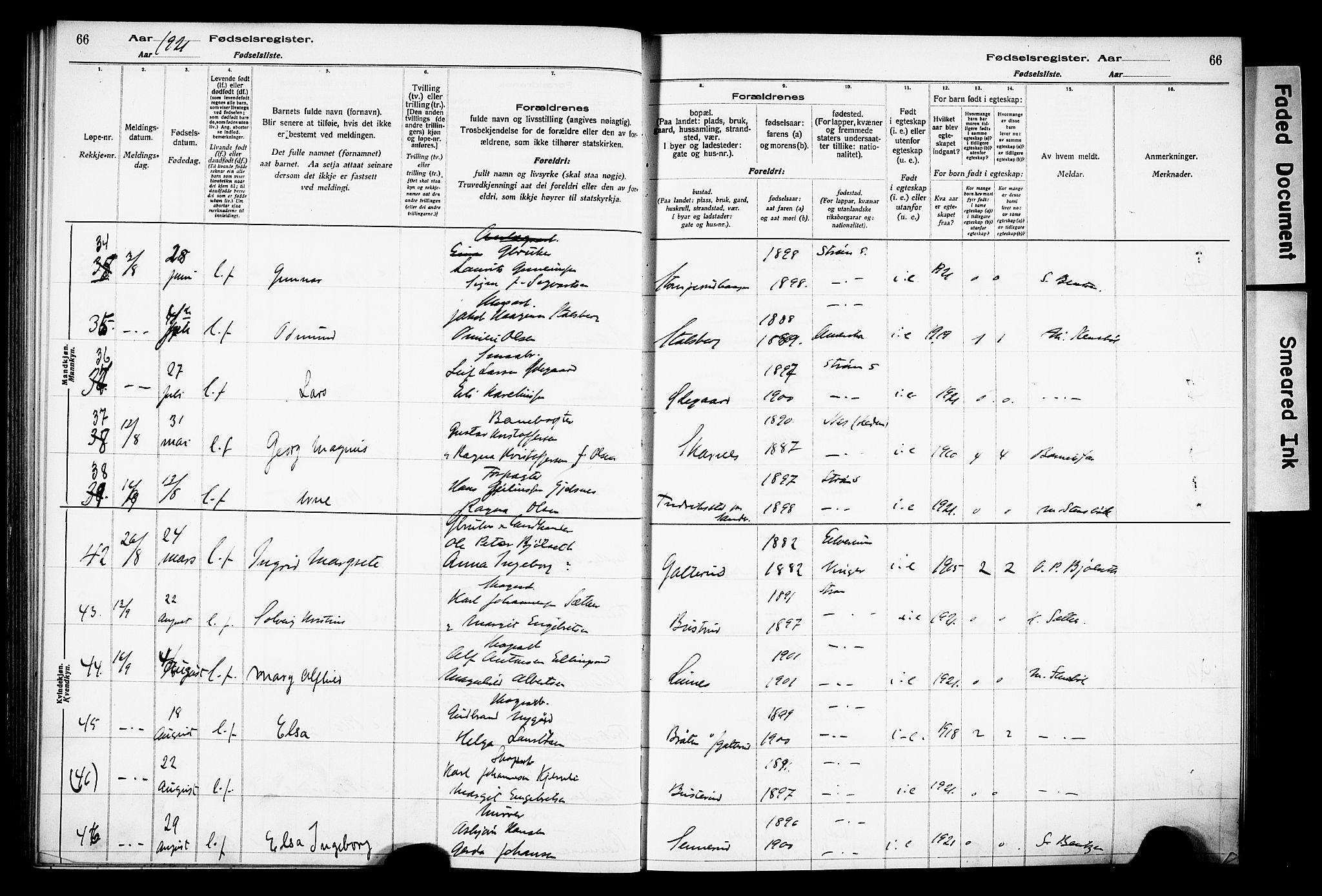 Sør-Odal prestekontor, AV/SAH-PREST-030/I/Id: Birth register no. 1, 1916-1931, p. 66