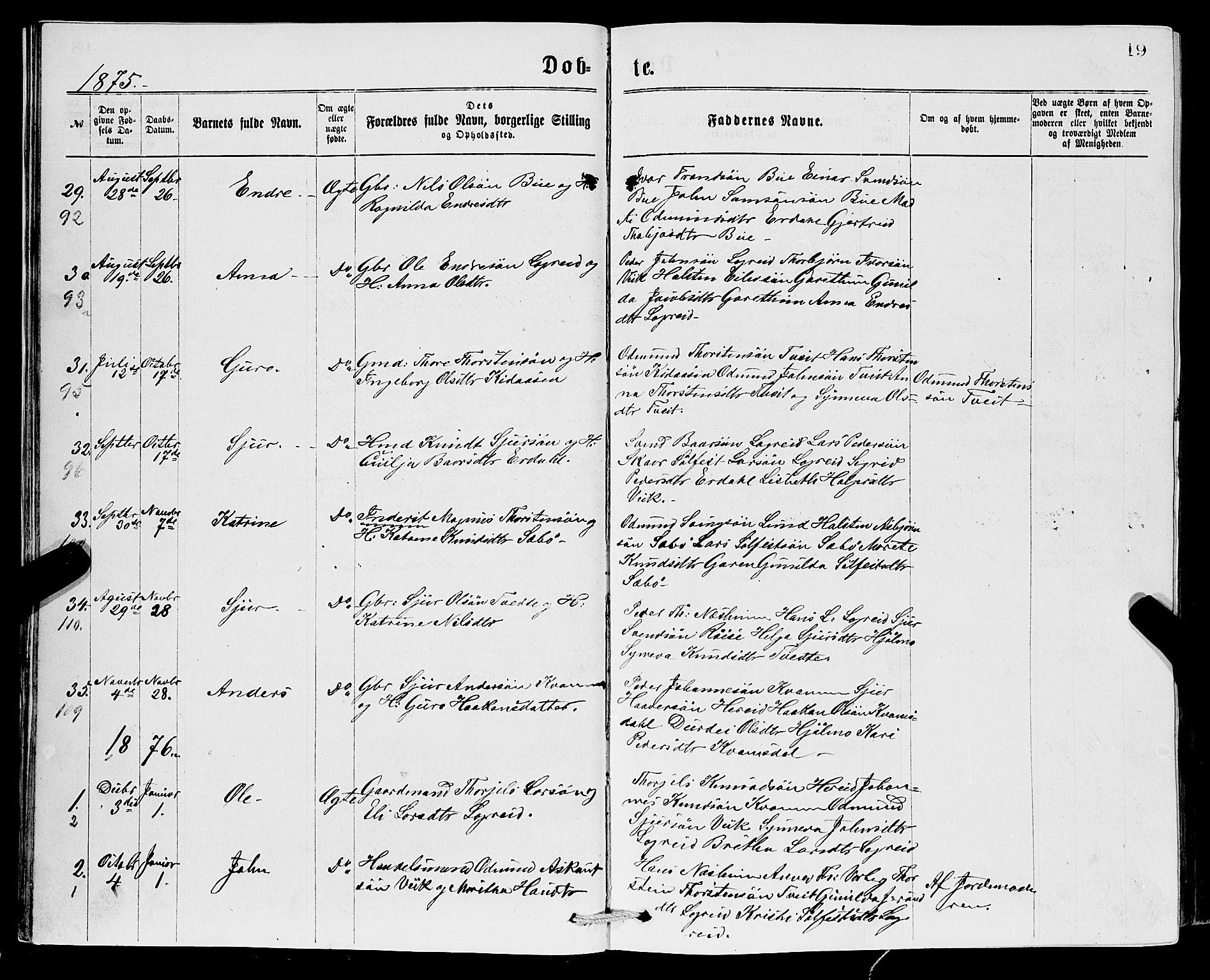 Ullensvang sokneprestembete, SAB/A-78701/H/Hab: Parish register (copy) no. C 2, 1871-1899, p. 19