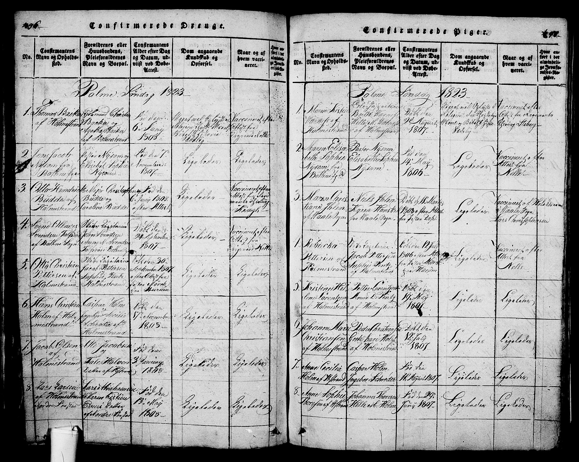 Holmestrand kirkebøker, AV/SAKO-A-346/G/Ga/L0001: Parish register (copy) no. 1, 1814-1848, p. 496-497