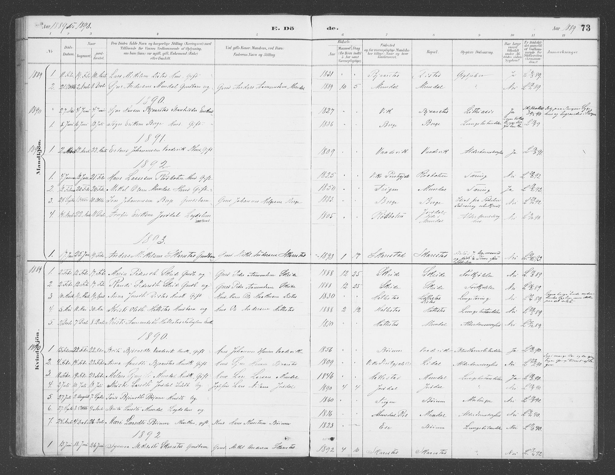 Balestrand sokneprestembete, AV/SAB-A-79601/H/Haa/Haac/L0001: Parish register (official) no. C  1, 1889-1909, p. 73