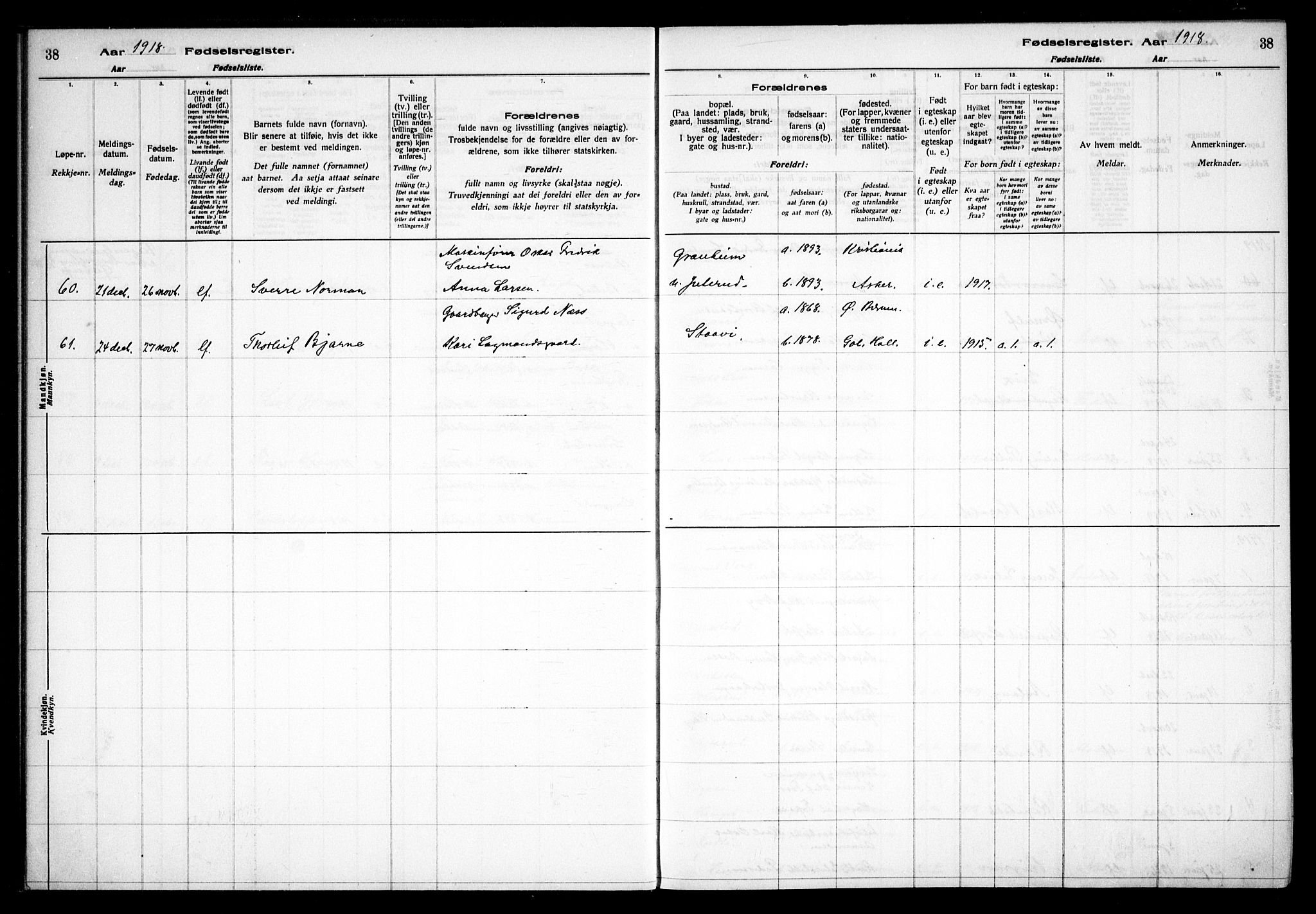 Vestre Bærum prestekontor Kirkebøker, AV/SAO-A-10209a/J/L0001: Birth register no. 1, 1916-1926, p. 38