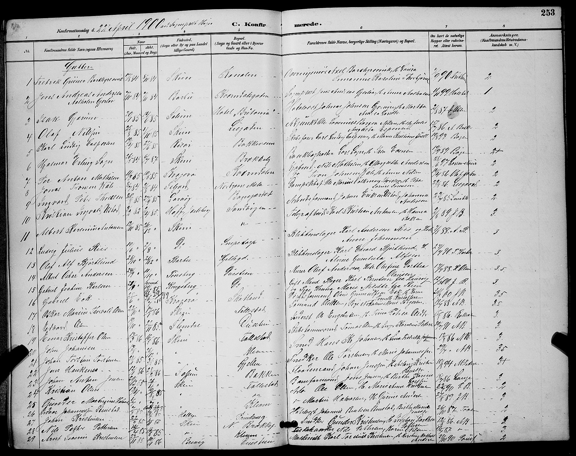 Skien kirkebøker, SAKO/A-302/G/Ga/L0007: Parish register (copy) no. 7, 1891-1900, p. 253