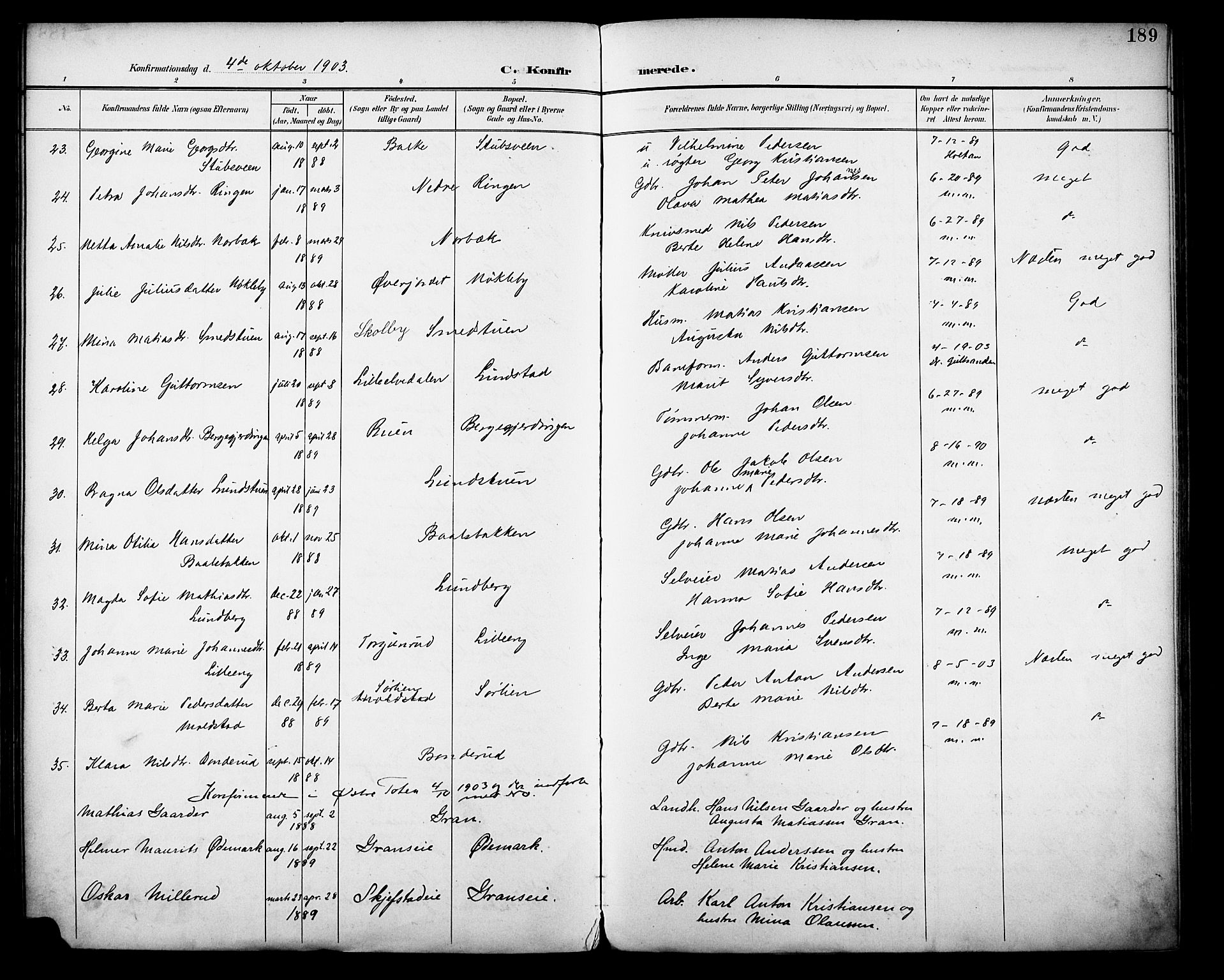 Vestre Toten prestekontor, SAH/PREST-108/H/Ha/Haa/L0013: Parish register (official) no. 13, 1895-1911, p. 189
