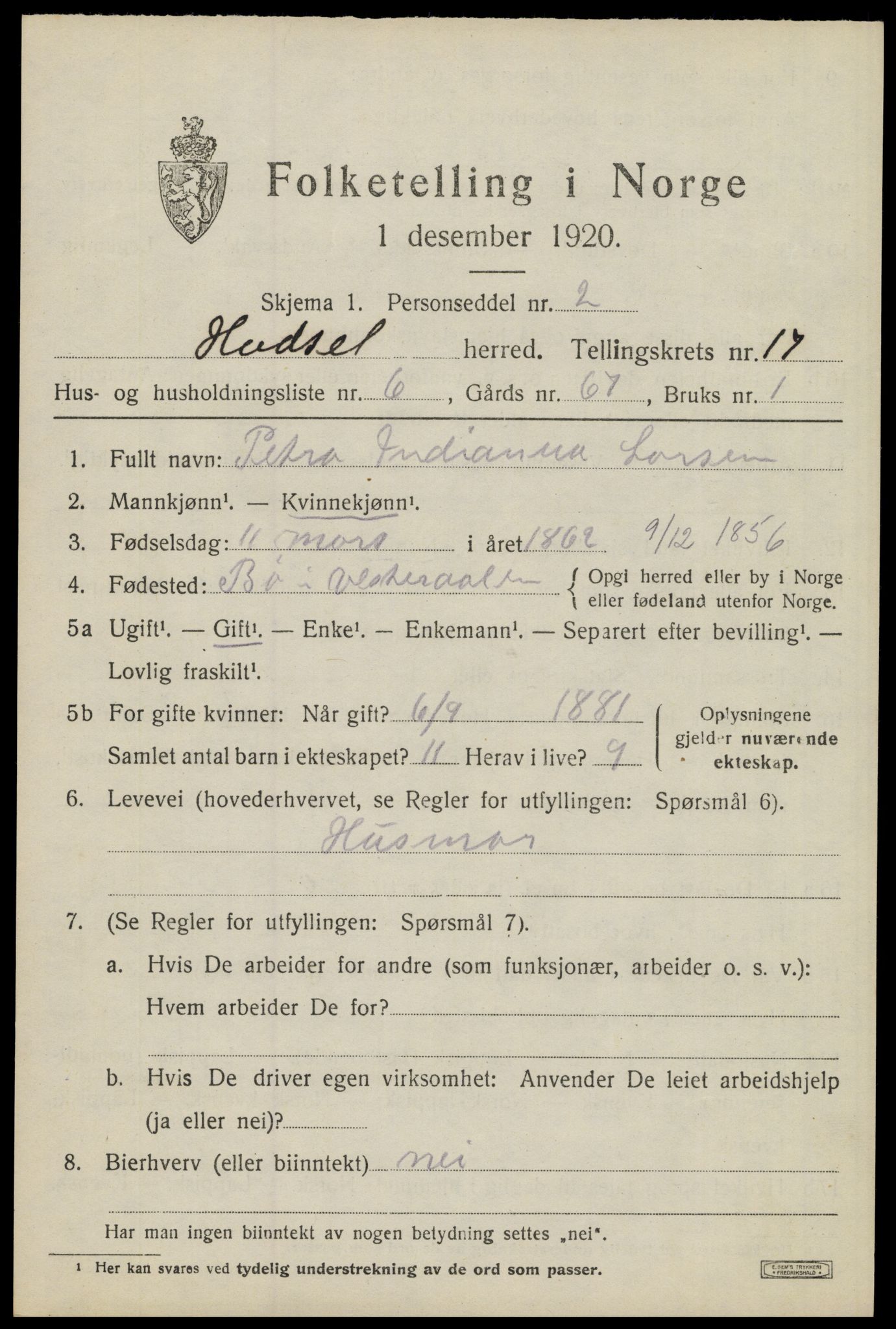 SAT, 1920 census for Hadsel, 1920, p. 15756