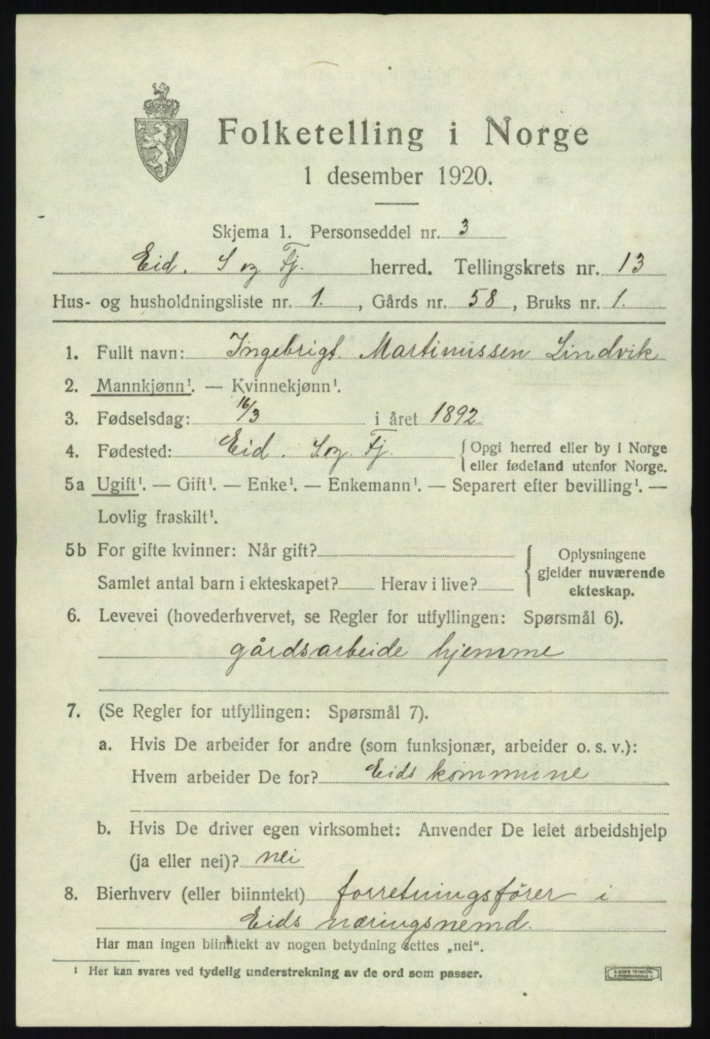 SAB, 1920 census for Eid, 1920, p. 7764