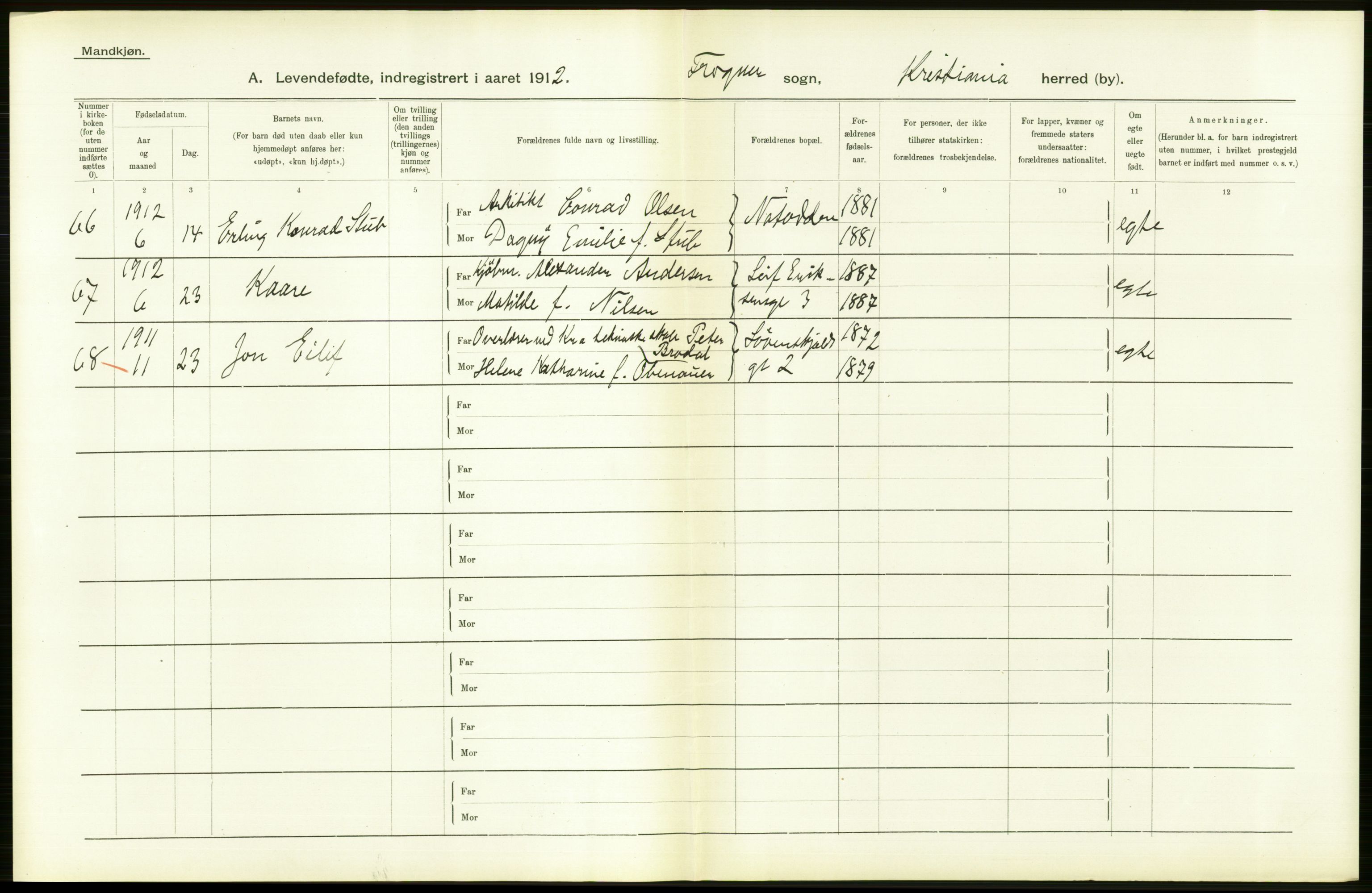 Statistisk sentralbyrå, Sosiodemografiske emner, Befolkning, RA/S-2228/D/Df/Dfb/Dfbb/L0007: Kristiania:  Levendefødte menn og kvinner., 1912, p. 444