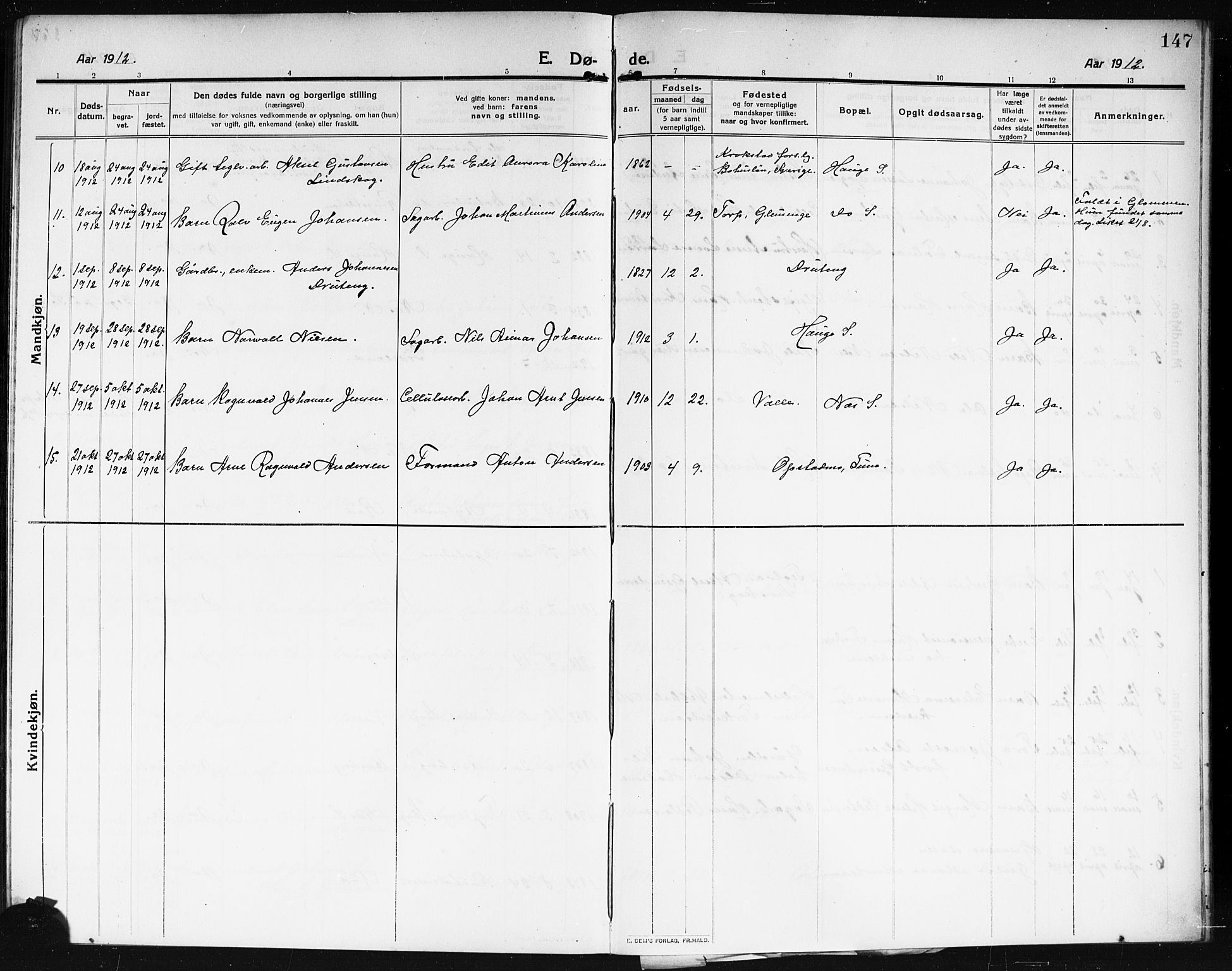 Rolvsøy prestekontor Kirkebøker, AV/SAO-A-2004/G/Ga/L0001: Parish register (copy) no. 1, 1911-1920, p. 147