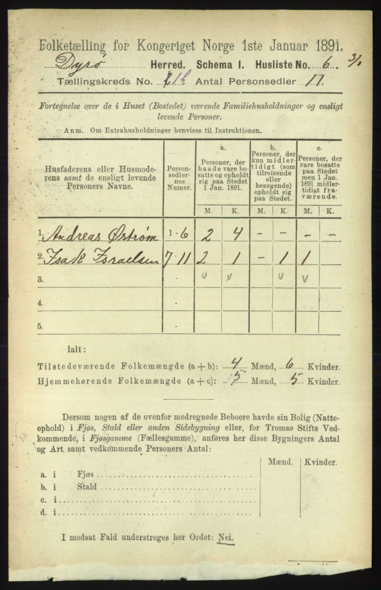 RA, 1891 census for 1926 Dyrøy, 1891, p. 413