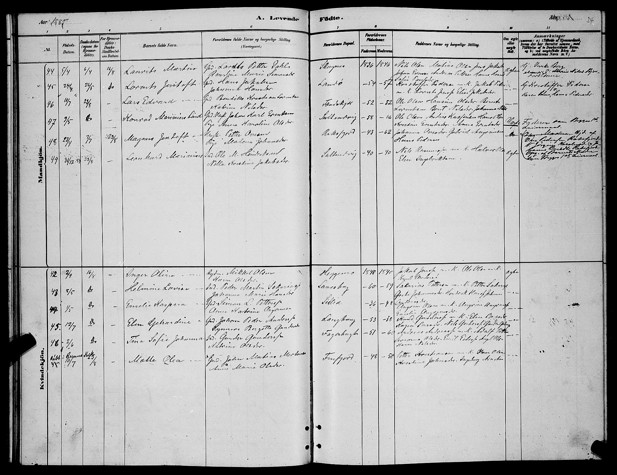 Lenvik sokneprestembete, AV/SATØ-S-1310/H/Ha/Hab/L0006klokker: Parish register (copy) no. 6, 1881-1889, p. 34