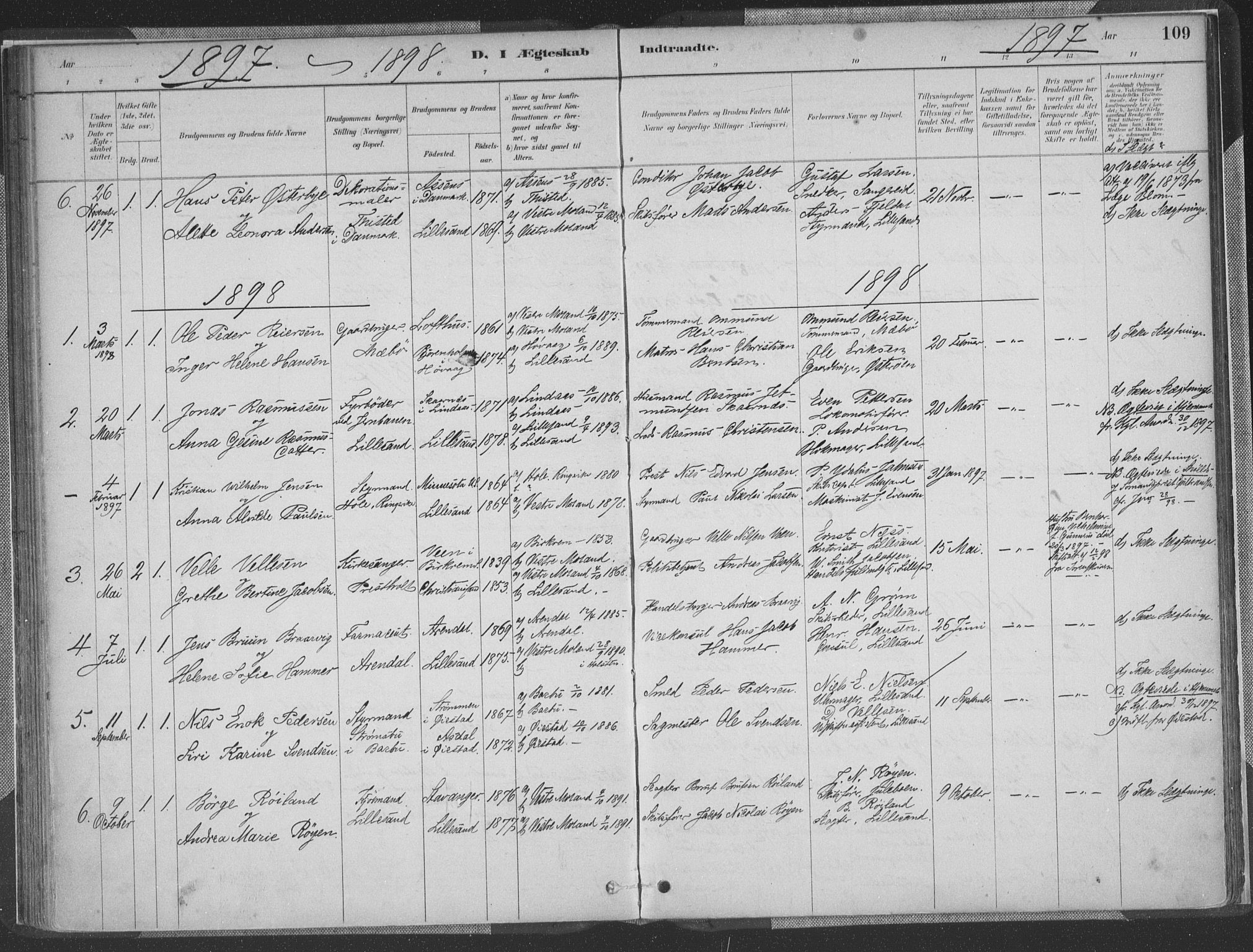 Vestre Moland sokneprestkontor, AV/SAK-1111-0046/F/Fa/Faa/L0001: Parish register (official) no. A 1, 1884-1899, p. 109