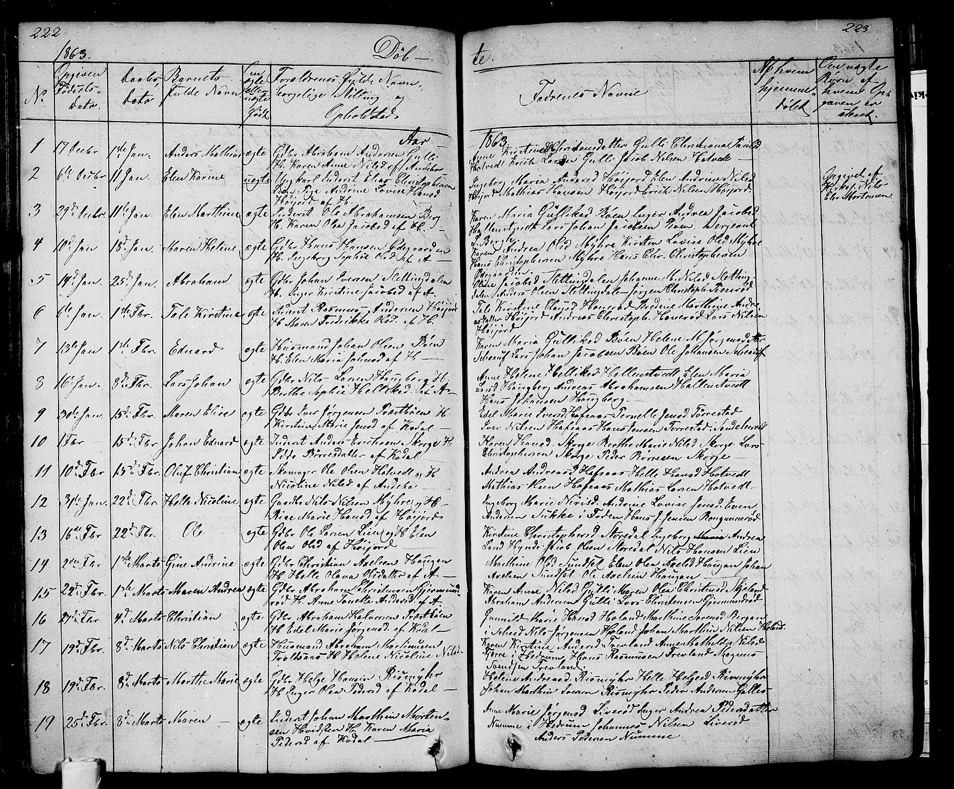 Andebu kirkebøker, AV/SAKO-A-336/G/Ga/L0003: Parish register (copy) no. I 3, 1832-1867, p. 222-223