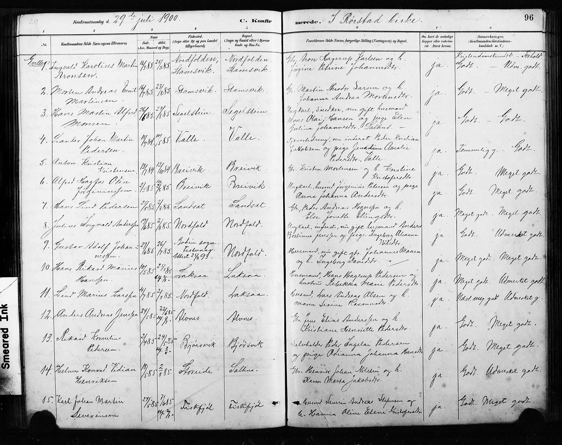 Ministerialprotokoller, klokkerbøker og fødselsregistre - Nordland, AV/SAT-A-1459/858/L0834: Parish register (copy) no. 858C01, 1884-1904, p. 96