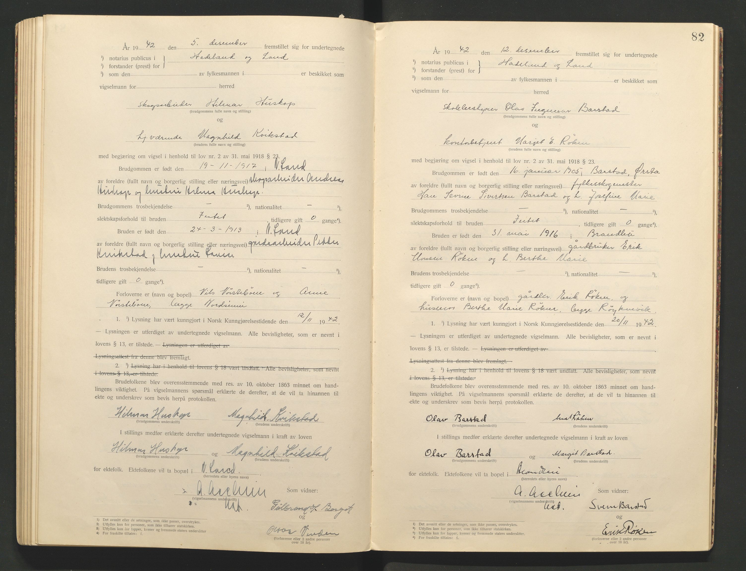 Hadeland og Land tingrett, AV/SAH-TING-010/L/Lb/L0001: Vigselbok, 1920-1943, p. 82