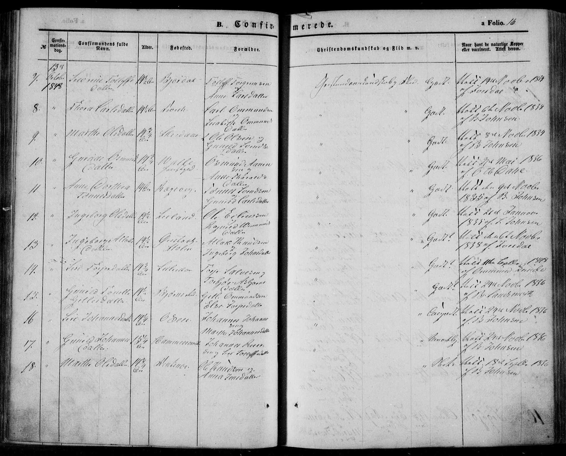 Bakke sokneprestkontor, AV/SAK-1111-0002/F/Fa/Faa/L0005: Parish register (official) no. A 5, 1847-1855, p. 16