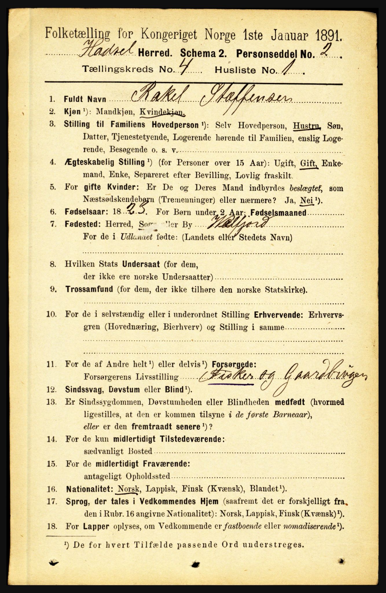 RA, 1891 census for 1866 Hadsel, 1891, p. 1710