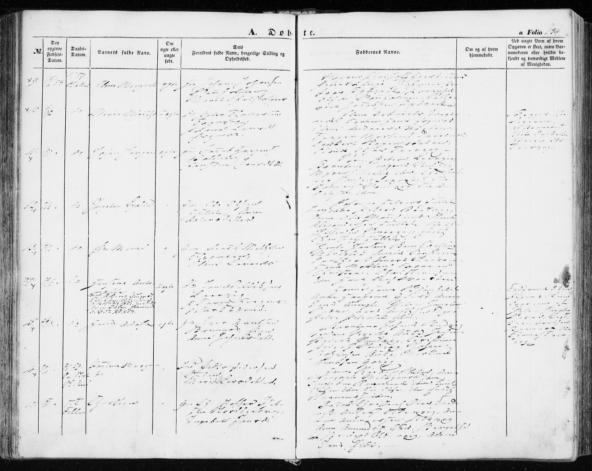Ministerialprotokoller, klokkerbøker og fødselsregistre - Sør-Trøndelag, SAT/A-1456/634/L0530: Parish register (official) no. 634A06, 1852-1860, p. 134