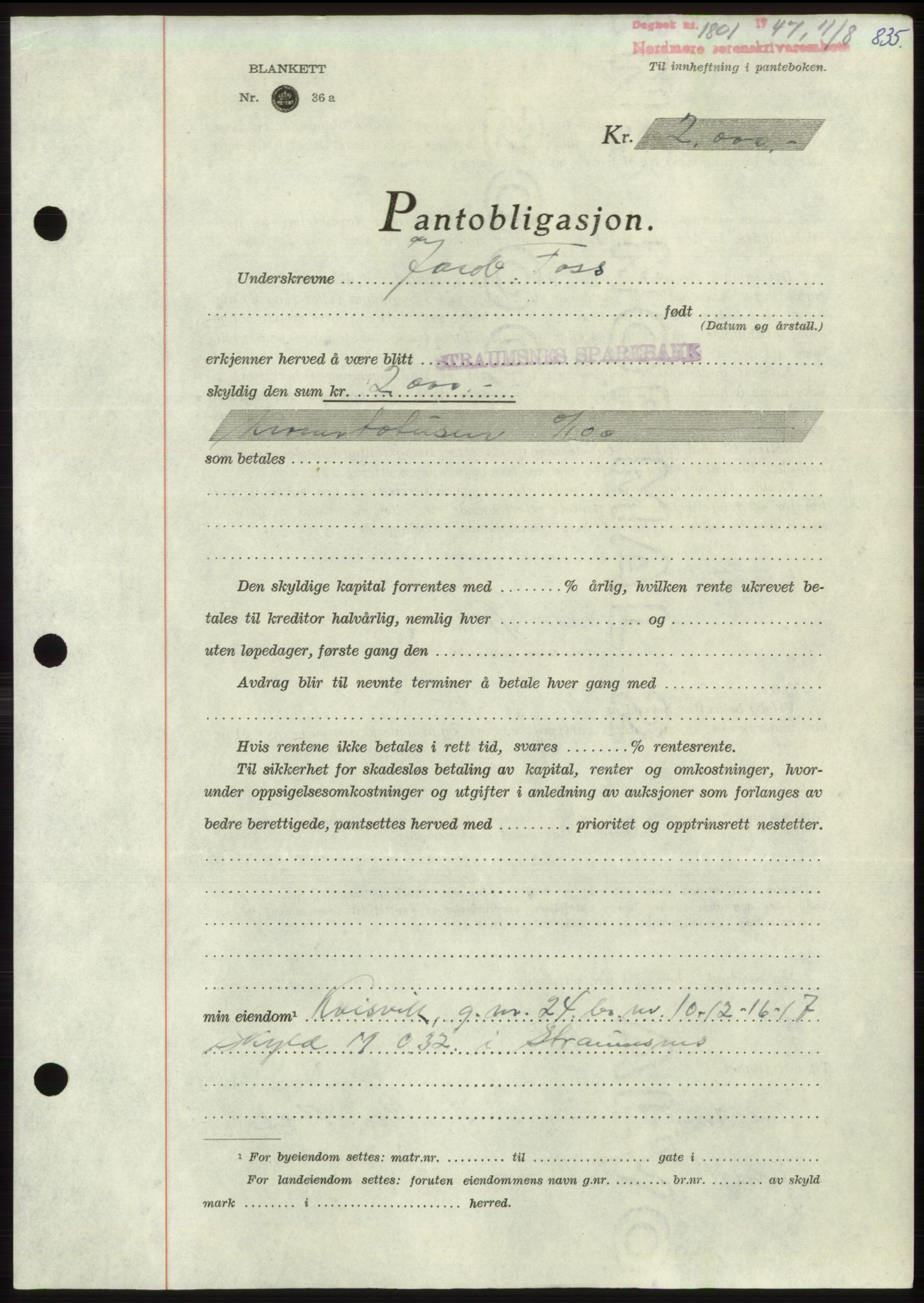 Nordmøre sorenskriveri, AV/SAT-A-4132/1/2/2Ca: Mortgage book no. B96, 1947-1947, Diary no: : 1801/1947