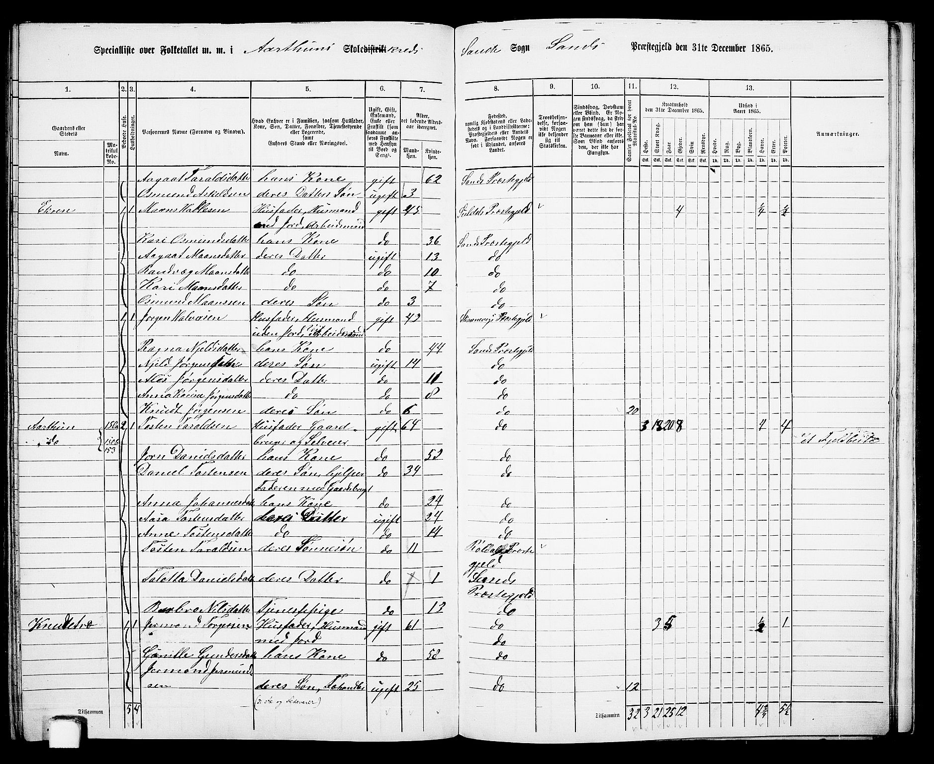 RA, 1865 census for Sand, 1865, p. 143