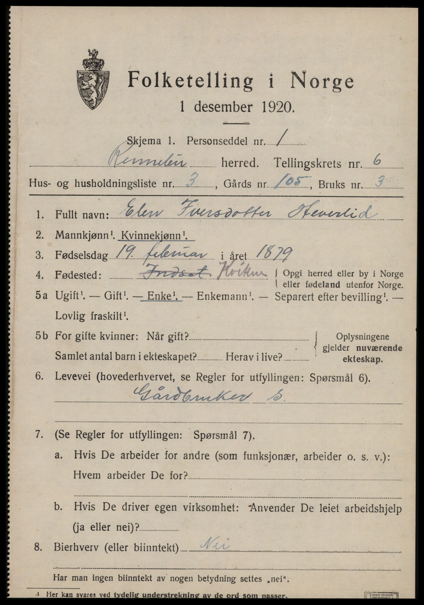 SAT, 1920 census for Rennebu, 1920, p. 4434