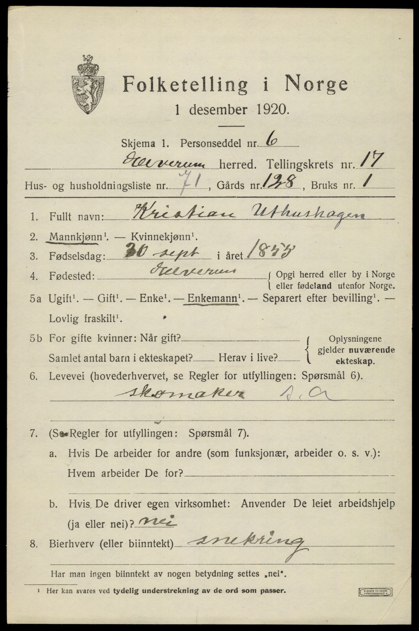 SAH, 1920 census for Elverum, 1920, p. 22086