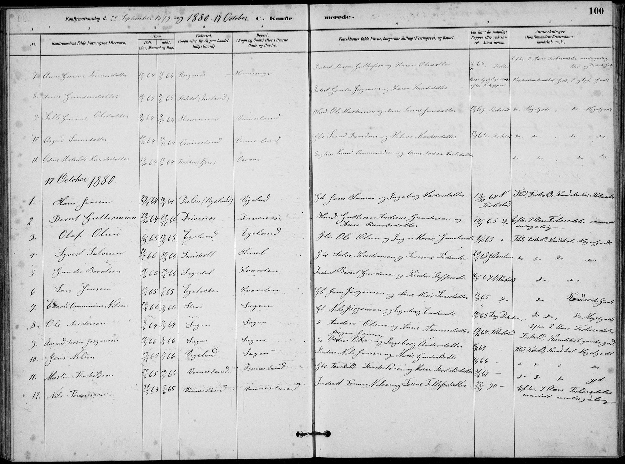 Vennesla sokneprestkontor, AV/SAK-1111-0045/Fb/Fbb/L0003: Parish register (copy) no. B 3, 1879-1893, p. 100