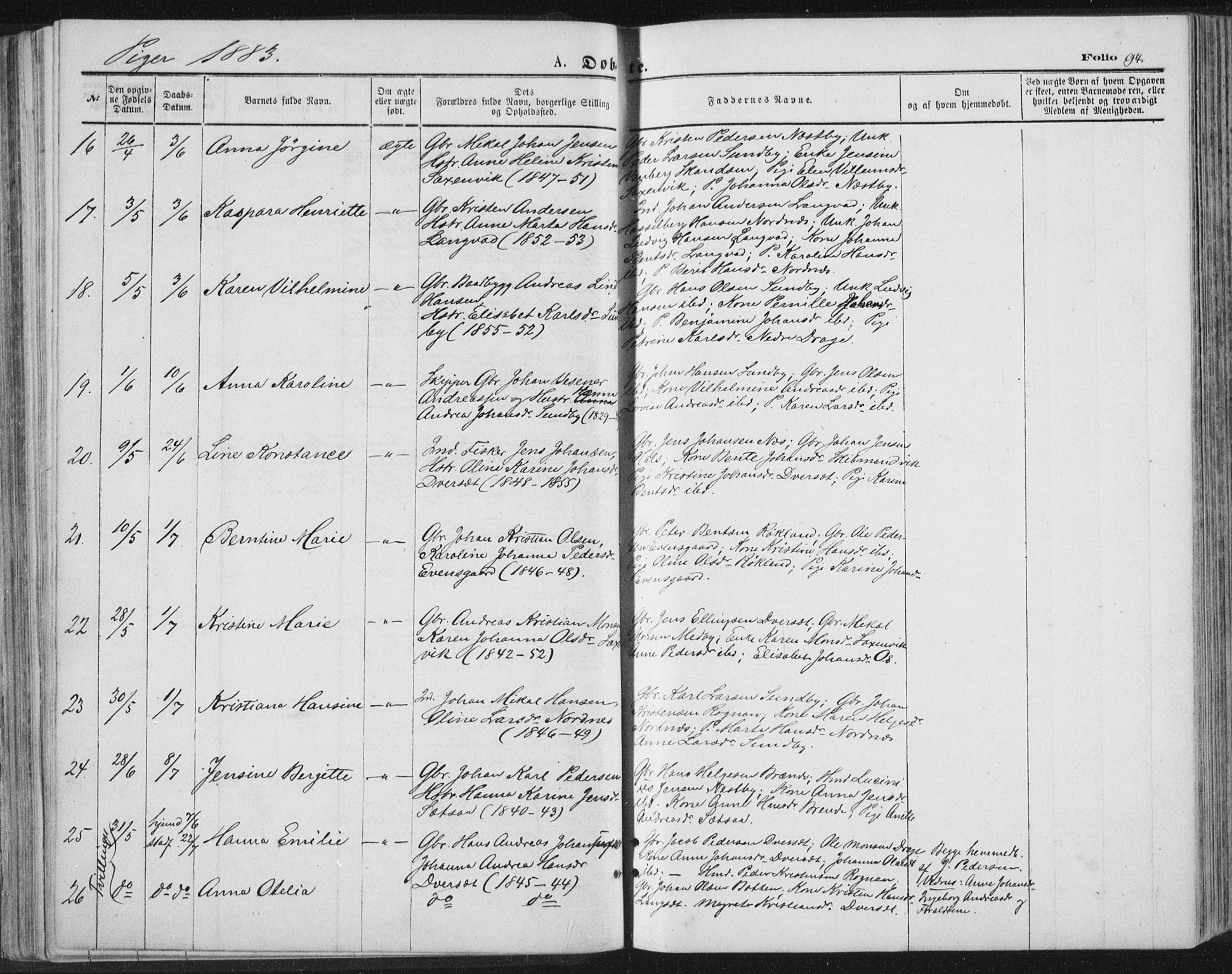 Ministerialprotokoller, klokkerbøker og fødselsregistre - Nordland, AV/SAT-A-1459/847/L0668: Parish register (official) no. 847A08, 1872-1886, p. 94